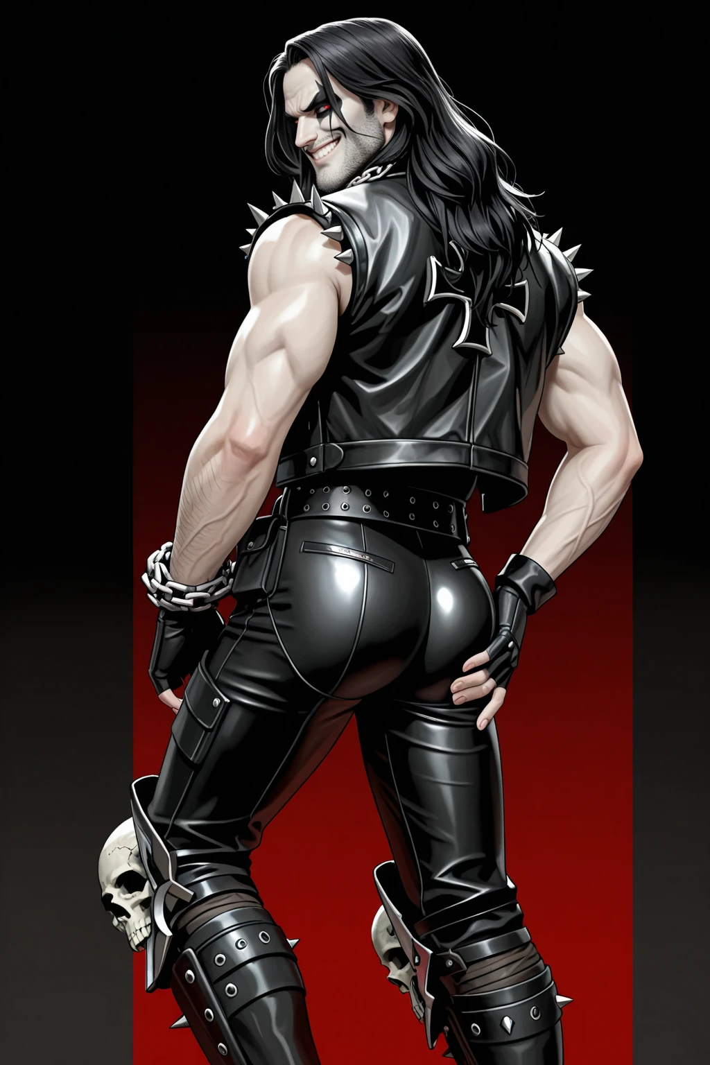masterpiece, good quality, best quality, very awa, very as2, absurdres, highres,
<lora:LoboilluLoRA:1>lbo, pale skin, long hair, face paint, beard, leather vest, fingerless gloves, chains, skulls, belt, leather pants, knee pads, iron cross necklace, buckle, spikes, boots, shirt, from behind, ass, looking back grin, hand on own ass