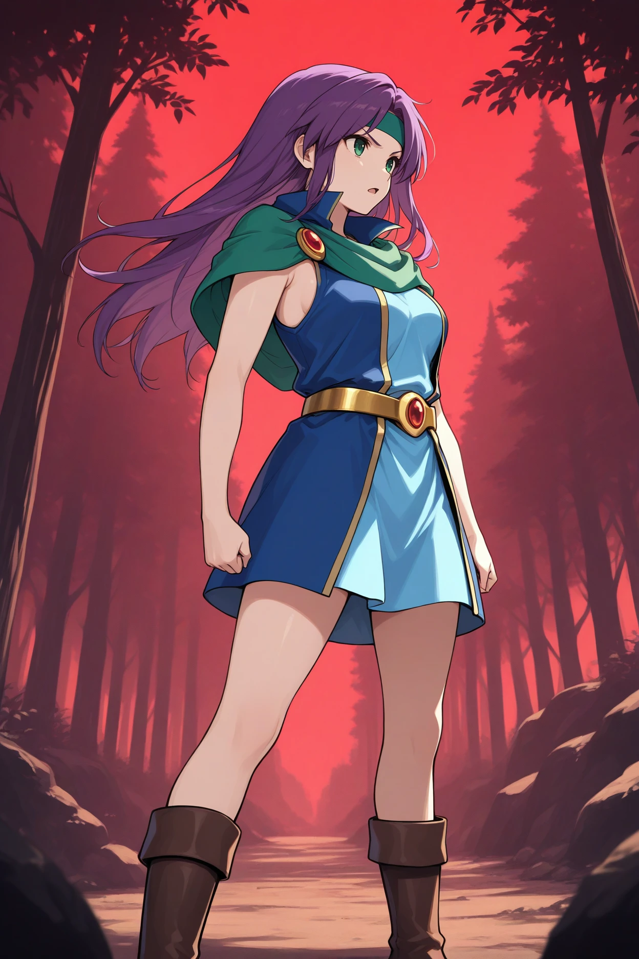 masterpiece, best quality, 1girl, solo <lora:fffaris-illu-nvwls-v1-000006:1> frssch, purple hair, long hair, green eyes, green headband, green shawl, green scarf, blue tunic, sleeveless, gold belt, brown boots, breasts, full body, looking to the side, open mouth, serious, red sky, forest