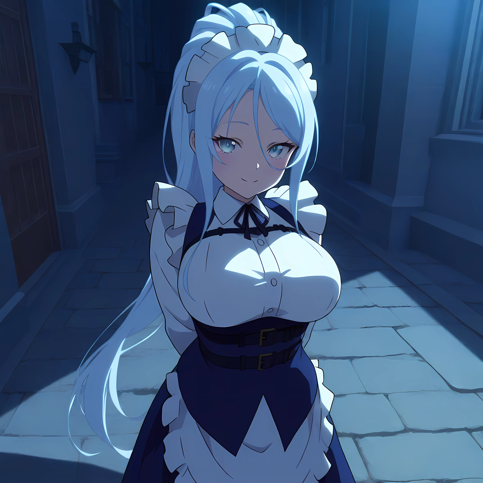 sylpha_langlis, 1girl, solo, maid headdress, long hair, light blue eyes, maid, smile, blue hair, ponytail, apron, long sleeves, light blue hair, large breasts, looking at viewer, cowboy shot, dark alleyway background, night, <lora:SylphaLanglis-IllustXL:1>, (masterpiece),(best quality),(ultra-detailed),(best illustration),(best shadow),(absurdres),(detailed background),(very aesthetic),