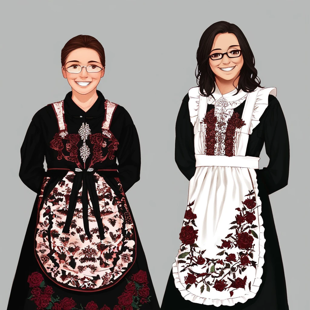 rose, brown hair, black hair, norwegian, black dress, grin, apron, smile, grey background, blurry, own hands together, norwegian bunad, jewelry, arms behind back, brown eyes, outdoors, glasses, sky, simple background, shirt, day, floral print