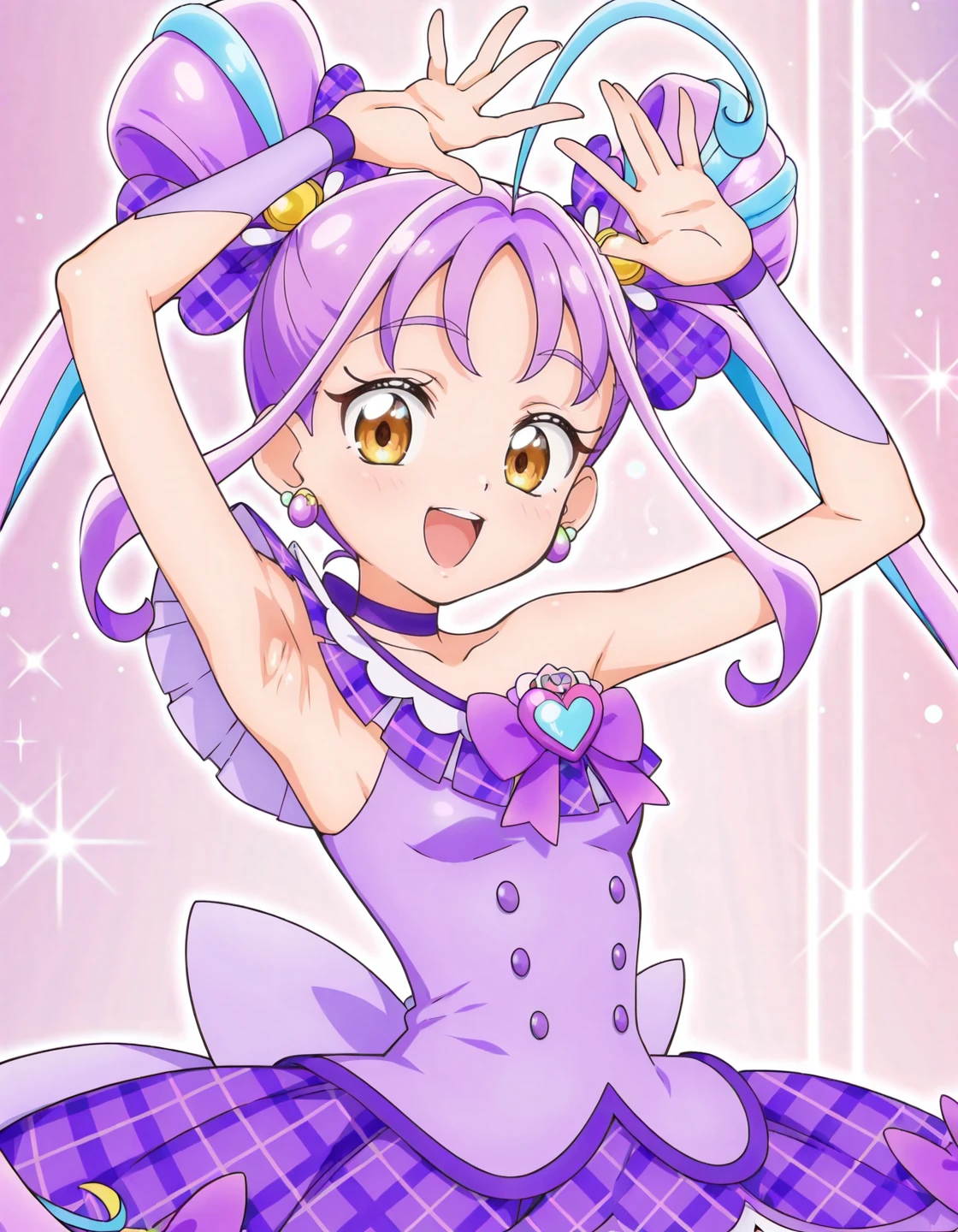 anime screencap, solo,1girl,curekyunkyun, purple choker, jewelry, dress, looking at viewer, magical girl, earrings, choker,dress,  bow, wrist cuffs, hair ornament,small breasts,smile ,open mouth,armpit<lora:curekyunkyun_IL:0.80>
high definition,amazing quality,best quality,very aesthetic,masterpiece,absurdres,