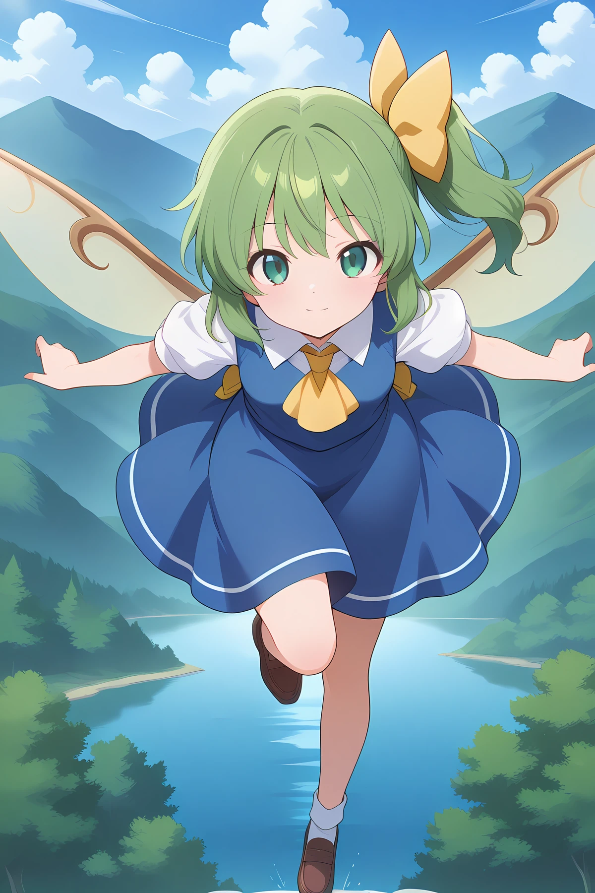 absurdres, highres, masterpiece, best quality, amazing quality, official anime artwork, screencap, anime screencap, outdoors, looking at viewer, light smile, dynamic pose, flying, misty lake,
<lora:Daiyousei_Illustrious:1> daiyousei, 1girl, solo, green hair, green eyes, hair bow, side ponytail, fairy wings,, hair ribbon, ascot, skirt, dress, puffy short sleeves, white shirt,