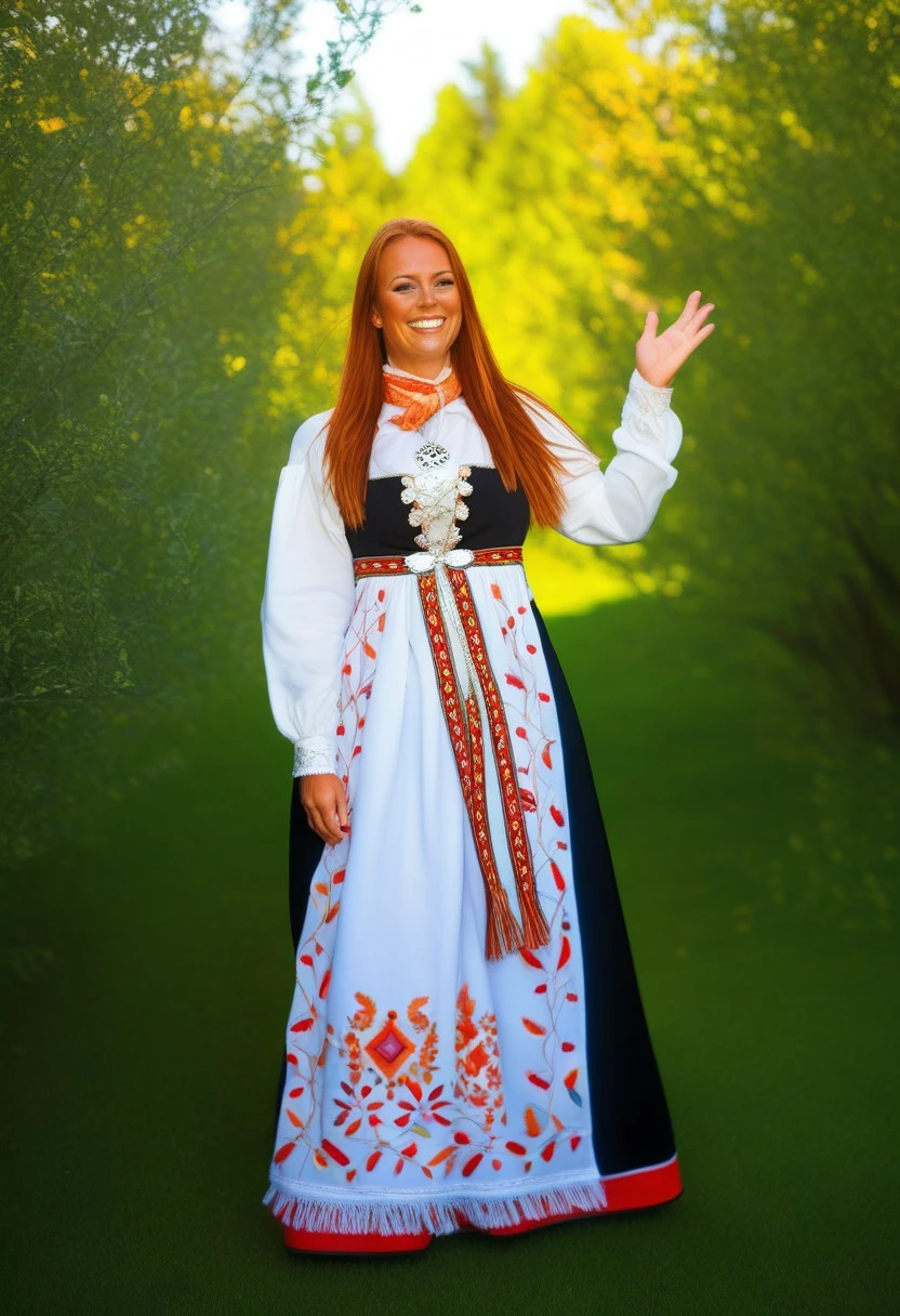 Female character, young woman, long hair, straight hair, orange hair, freckles, beautiful face, smile, brown eyes, cheering, outdoors, park, garden, lawn, trees, happy, sunny weather, norwegian bunad, norwegian folklore costume, norwegian folklore dress, bunad,