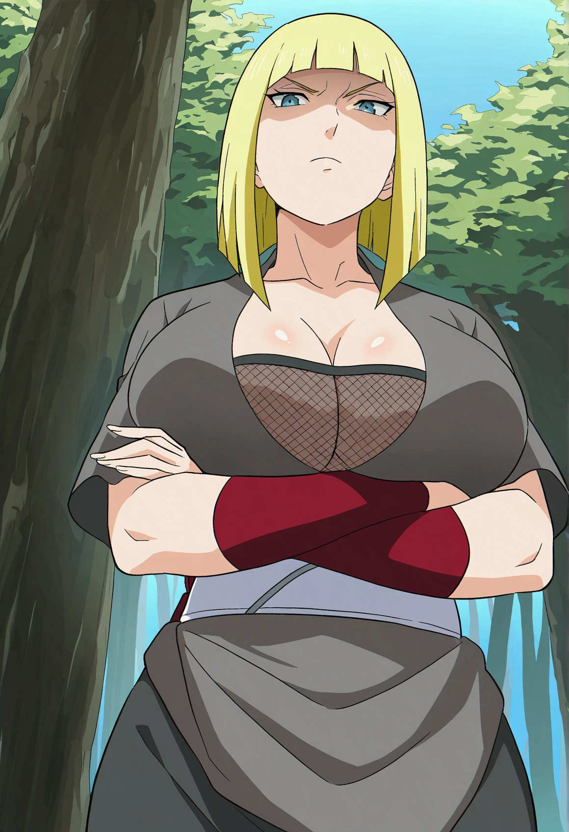 masterpiece, very awa, best quality, absurdres, highres, cinematic light, 1girl, <lora:samui_naruto:1> samui_wz, short hair, blonde hair, blunt bangs, blue eyes, large breasts, cleavage, fishnets, fishnet top, ninja, grey skirt, jaggy lines, short sleeves, japanese clothes, crossed arms, v-shaped eyebrows, shaded face, looking at viewer, nature, forest, blue sky, from below