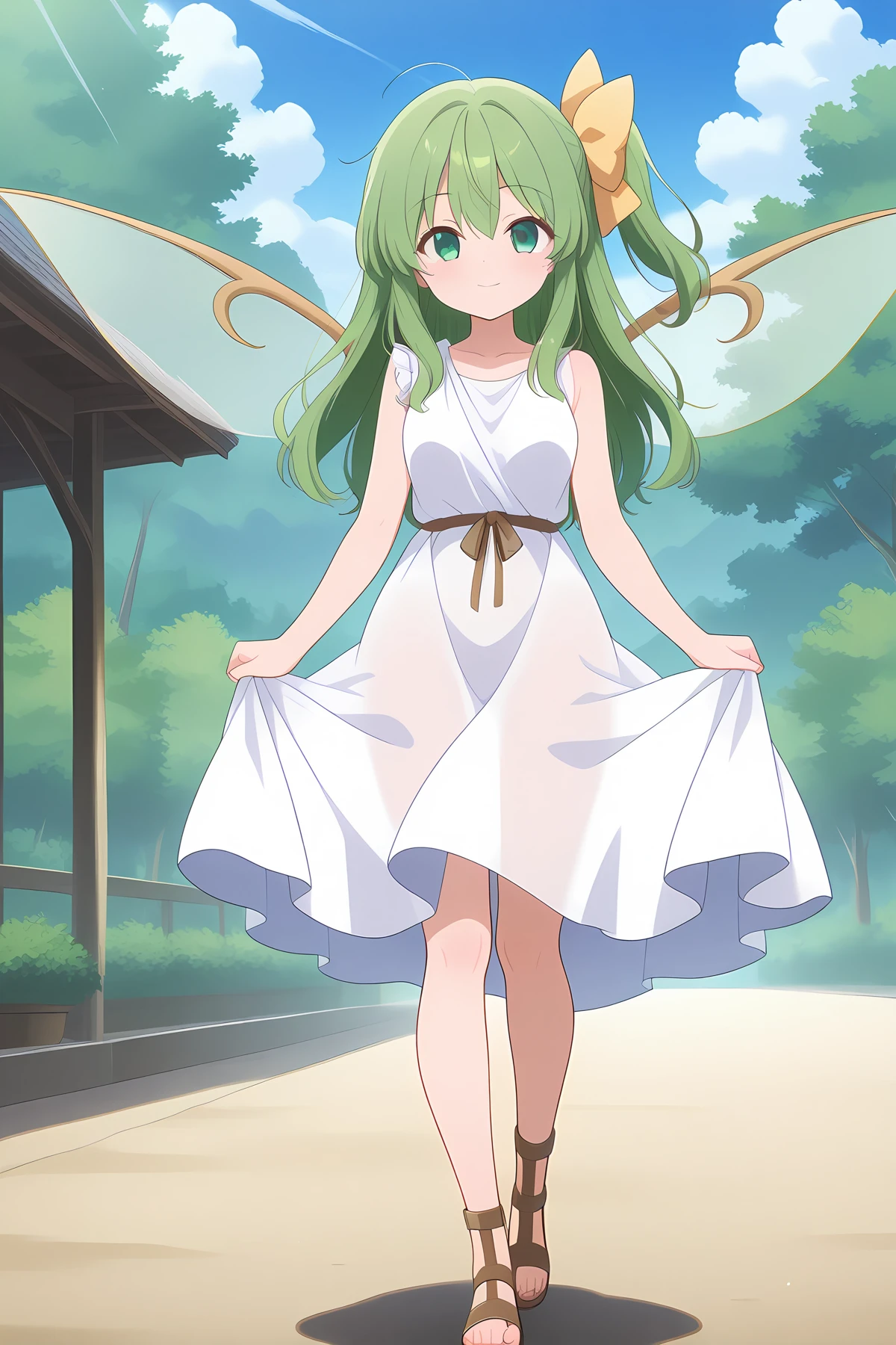 absurdres, highres, masterpiece, best quality, amazing quality, official anime artwork, screencap, anime screencap, outdoors, looking at viewer, light smile, dynamic pose,
<lora:Daiyousei_Illustrious:1> daiyousei, 1girl, solo, green hair, green eyes, hair bow, fairy wings,, daiyousei \(pure white nature\), alternate costume, alternate hair length, alternate hairstyle, bell, dress, gladiator sandals, hair ornament, long hair, one side up, sandals, white dress, ancient greek clothes, white cloth, himation, peplos, see-trough himation,