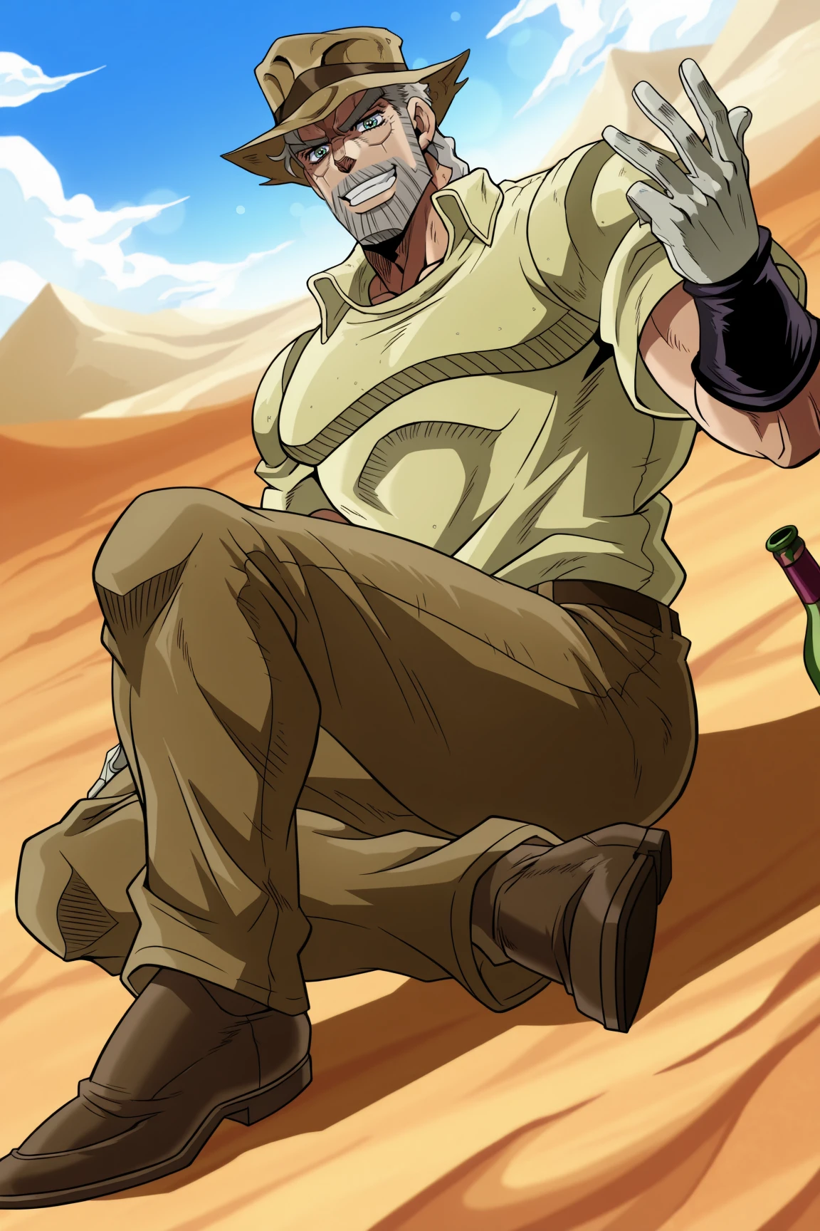 absurdres, amazing quality, highres, best quality,
<lora:Monika_Joseph_Joestar:1>, Monika_Joseph_Joestar, 1boy, solo, male focus, beard, facial hair, hat,grey hair, smile, open mouth, official style, parted lips,
gloves, pectorals, muscular male, bara, thonrs, pants, tight clothes, brown pants, shirt, wines, old man, collared shirt, dutch angle, from below, (jojo pose:1.3), close-up, brown footwear, knee on floor,
bokeh, depth of field, outdoors, blue sky, clouds, sand, desert, visible heat,