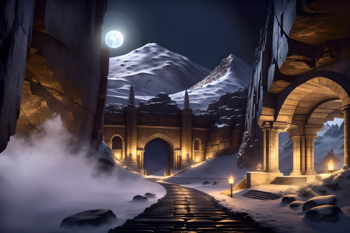 <lora:JJsUnderGroundBuilding:1> , ((UnderGround Building)),((masterpiece)), ((best quality)), dramatic lighting, high detailed, center composition, ,scenery, 8k, super sharp focus, great detail of textures, night, (building),road, river, mountain, bridge, blizzard, torch, cave, stones, arch, moon, night sky, blizzard, lava, <lora:add_detail:.5>, photography, capturing moments, storytelling, creative composition