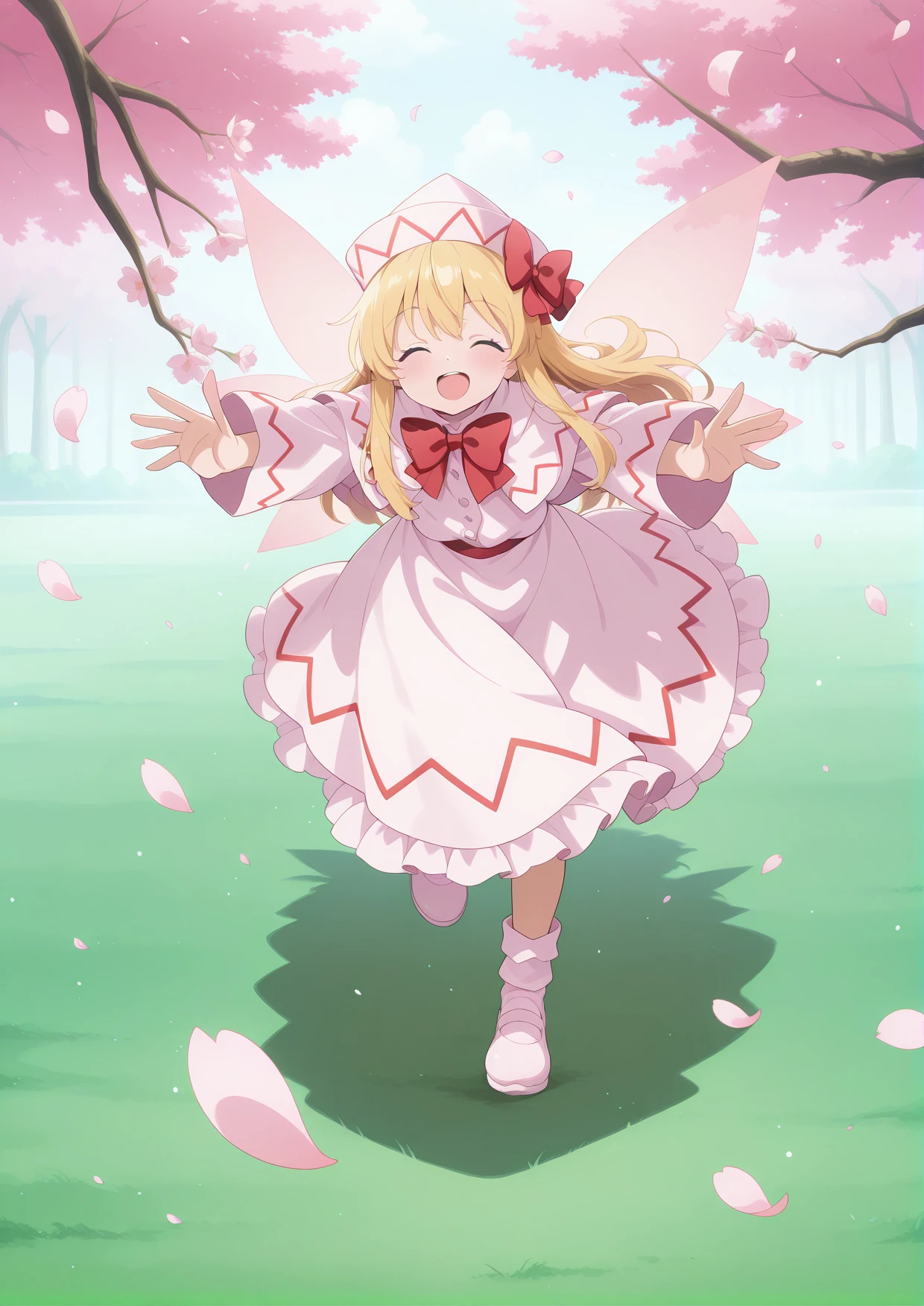 absurdres, highres, masterpiece, best quality, amazing quality, official anime artwork, screencap, anime screencap, outdoors, closed eyes, smile, blush , open mouth, dynamic pose, day, sakura tree, light particles, petals,
<lora:Lily-White_Illustrious:1> lily white, 1girl, solo, blue eyes, blonde hair, long hair, fairy wings,, white dress, white hat, bow, wide sleeves,
