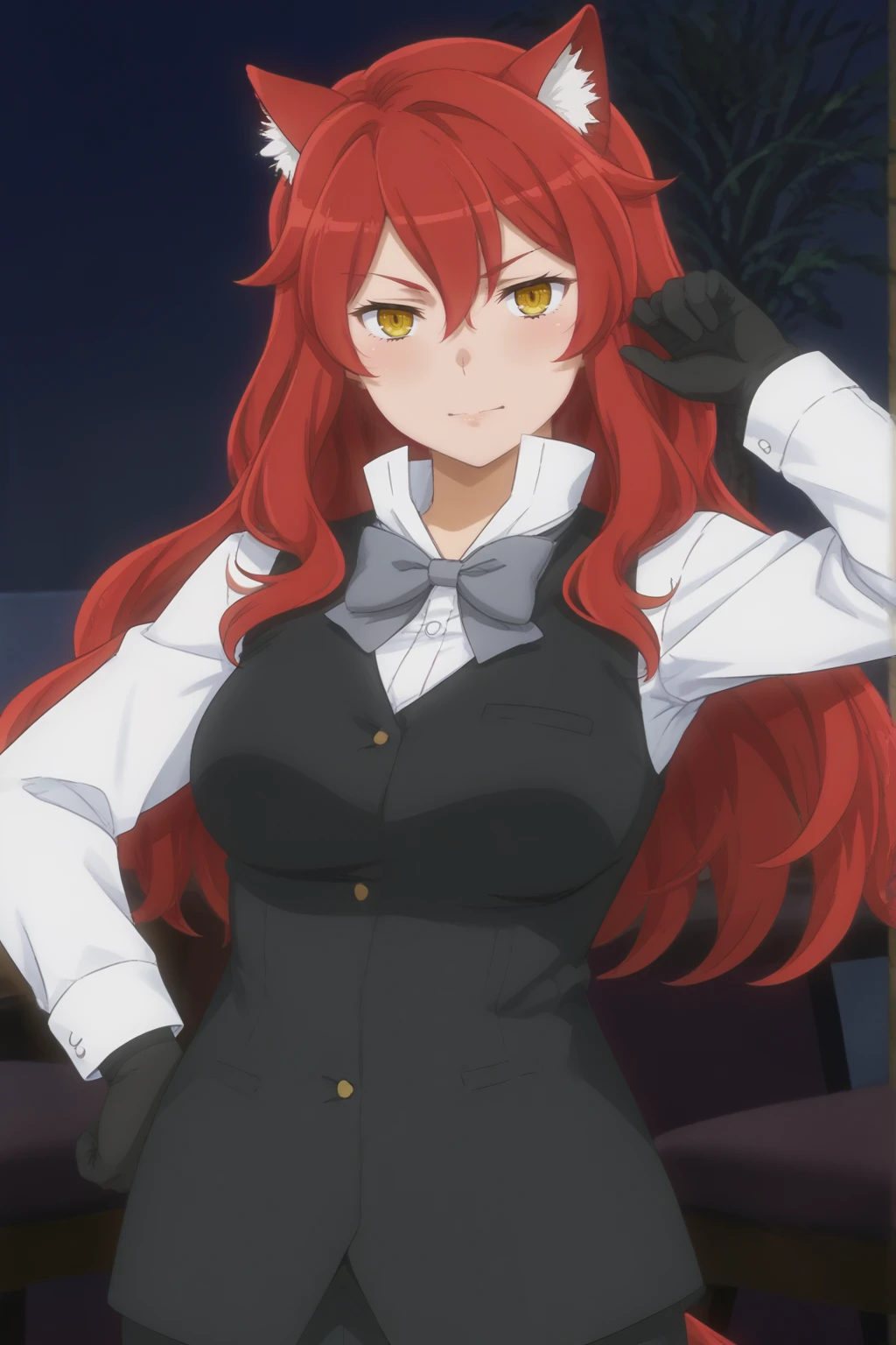 anime coloring, Rose Fannett, dynamic pose, white shirt, black gloves, pants, grey bowtie, vest, formal, suit, waistcoat <lora:COMMISSION_DanmachiOratoria-Rose_Fannett-PDXL:0.7>
