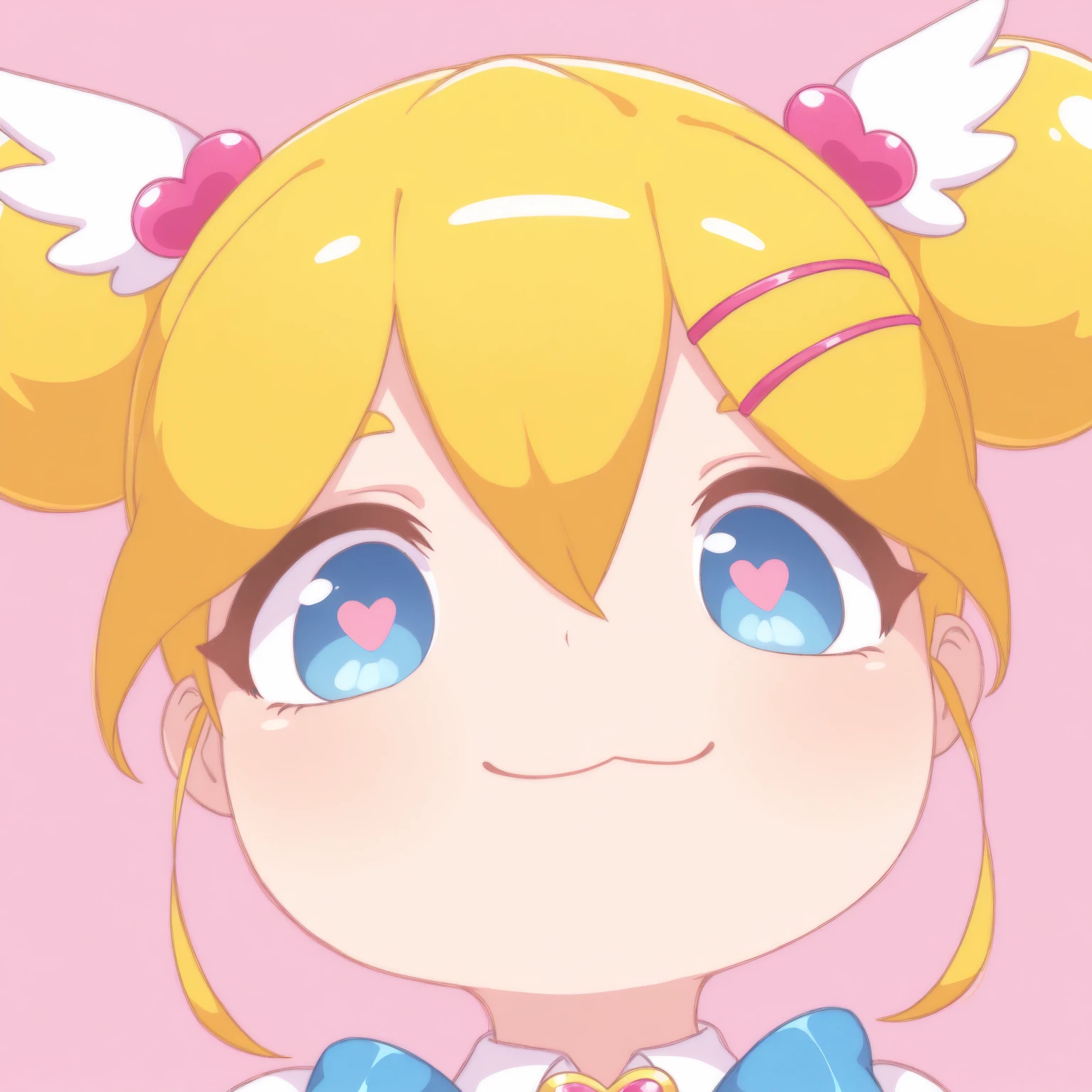 masterpiece, best quality, amazing quality, very aesthetic, high resolution, solo
Mimiko-chan-vkstickrs, golden twin buns, pink heart-shaped decorations, blue eyes, blue ribbon and a heart-shaped gem at the center, mutsukiface, portrait, close-up, smile, :3, closed mouth, chibi
<lora:meme_mutsukiface_illustriousXL:1>
<lora:Mimiko-chan-vkstickrs_il:0.9>