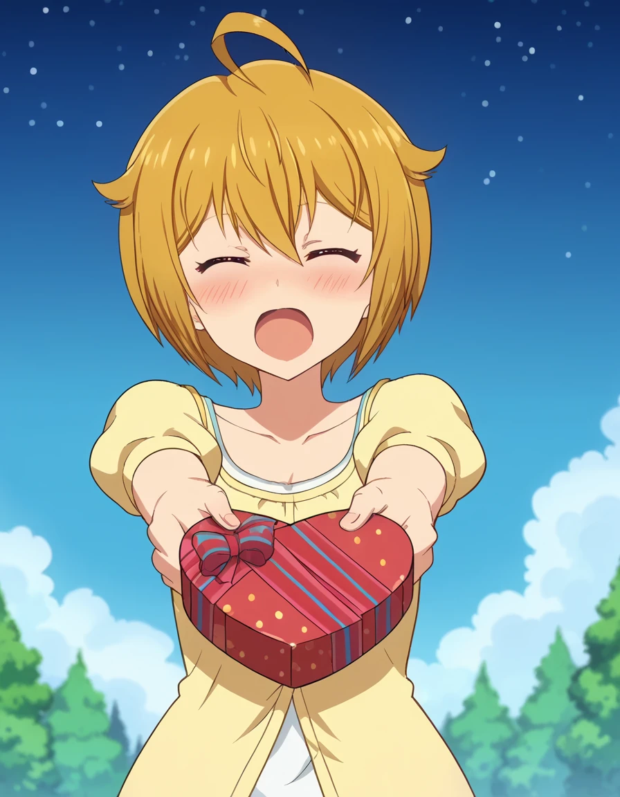 score_9, score_8_up, score_7_up, source_anime, <lora:tsubasa-ibuki-s1-ponyxl-lora-nochekaiser:1>, tsubasa ibuki, short hair, blonde hair, ahoge, pink eyes, hair flaps, mature female, small breasts, anime screencap, <lora:heart-shaped-box-ponyxl-lora-nochekaiser:1>, heart-shaped box, holding, box, gift, valentine, incoming gift, closed eyes, blush, open mouth, outstretched arms, outdoors, night sky, clouds, shouting,, , cowboy shot, solo