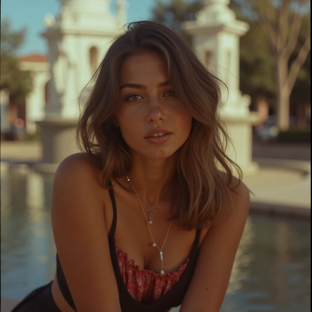 <lora:analogphotosv3:0.9> aaphotosv2, (ultra film grain:0.8), full body shot, Focus - shallow depth of field, full body shot, (curvy:0.8) a beautiful young woman (textured skin and different skin coloration in cheeks and forehead:1), in a monument posing casually for a photo, spotlight lighting, well-lit face, looking at the camera, excited and nervous, smiling ,funny image, shot by the Kodak Brownie