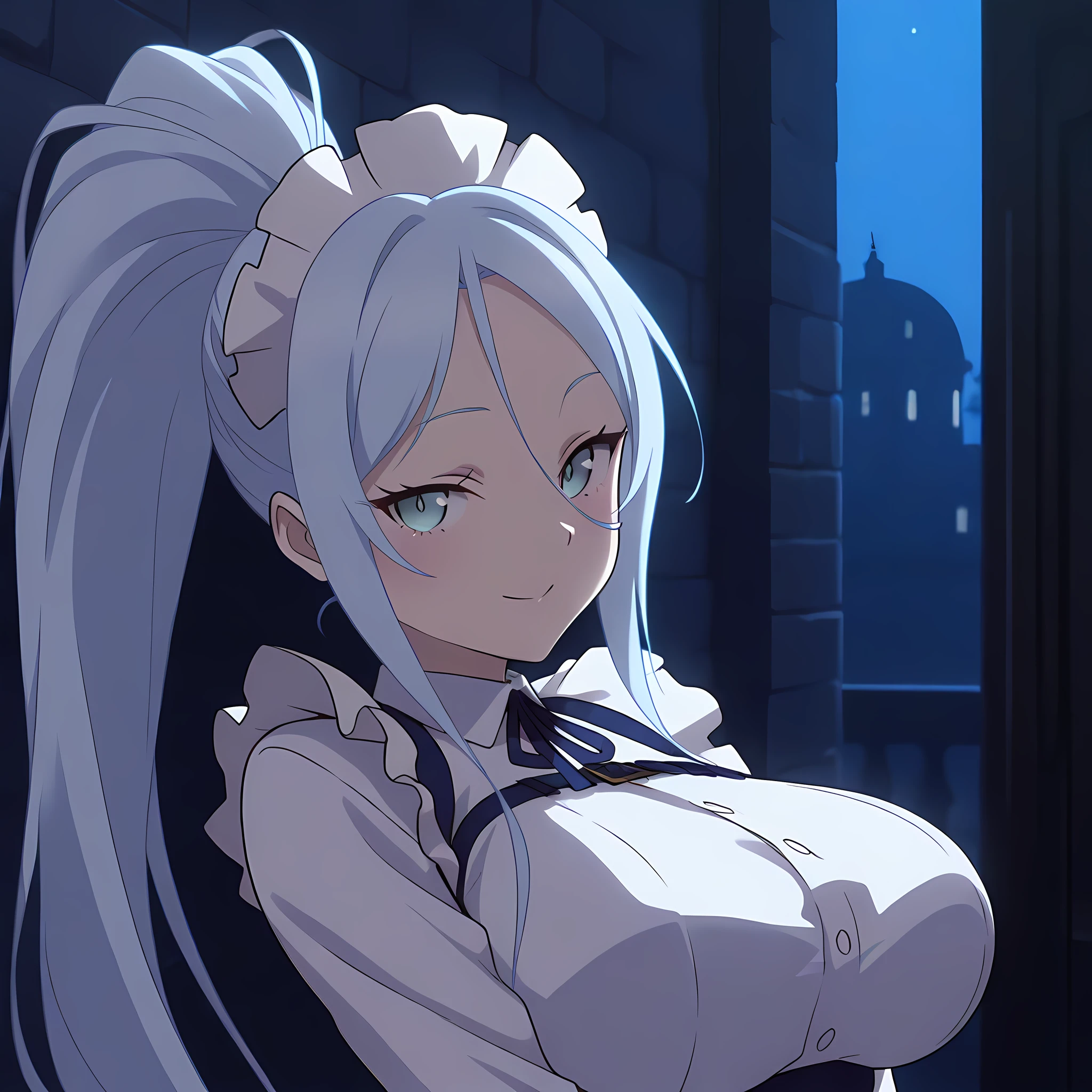 sylpha_langlis, 1girl, seductive smile, solo, maid headdress, blue eyes, blue hair, long hair, ponytail, looking at viewer, large breasts, maid, shirt, upper body, light blue hair, dark alleyway background, night, <lora:SylphaLanglis-IllustXL:1>, (masterpiece),(best quality),(ultra-detailed),(best illustration),(best shadow),(absurdres),(detailed background),(very aesthetic),