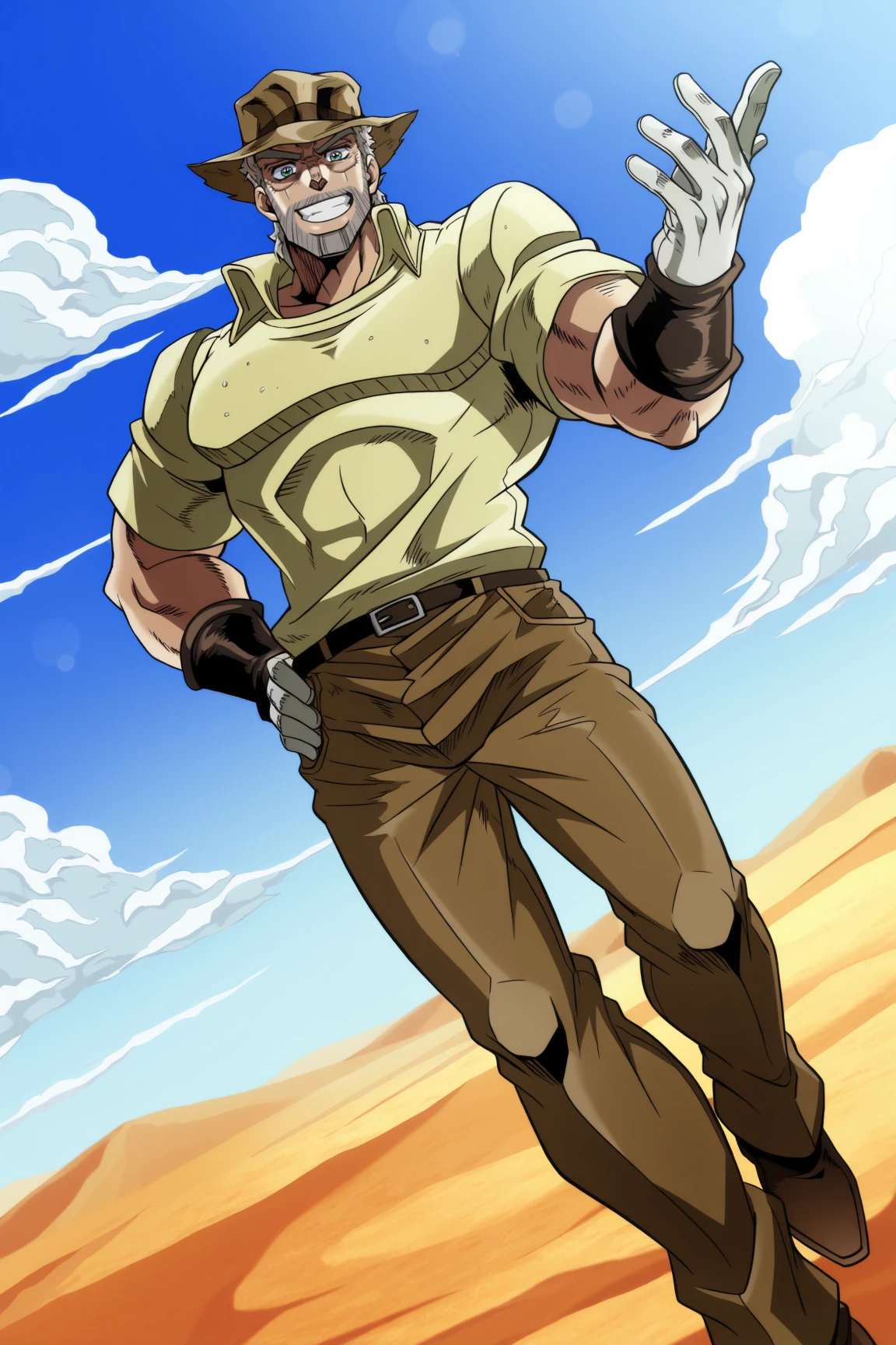 absurdres, amazing quality, highres, best quality,
<lora:Monika_Joseph_Joestar:1>, Monika_Joseph_Joestar, 1boy, solo, male focus, beard, facial hair, hat,grey hair, smile, grin, official style,
gloves, pectorals, muscular male, bara, thonrs, pants, tight clothes, brown pants, shirt, wines, old man, collared shirt, dutch angle, from below, (jojo pose:1.3), close-up, reaching, brown footwear,
bokeh, depth of field, outdoors, blue sky, clouds, sand, desert, visible heat,