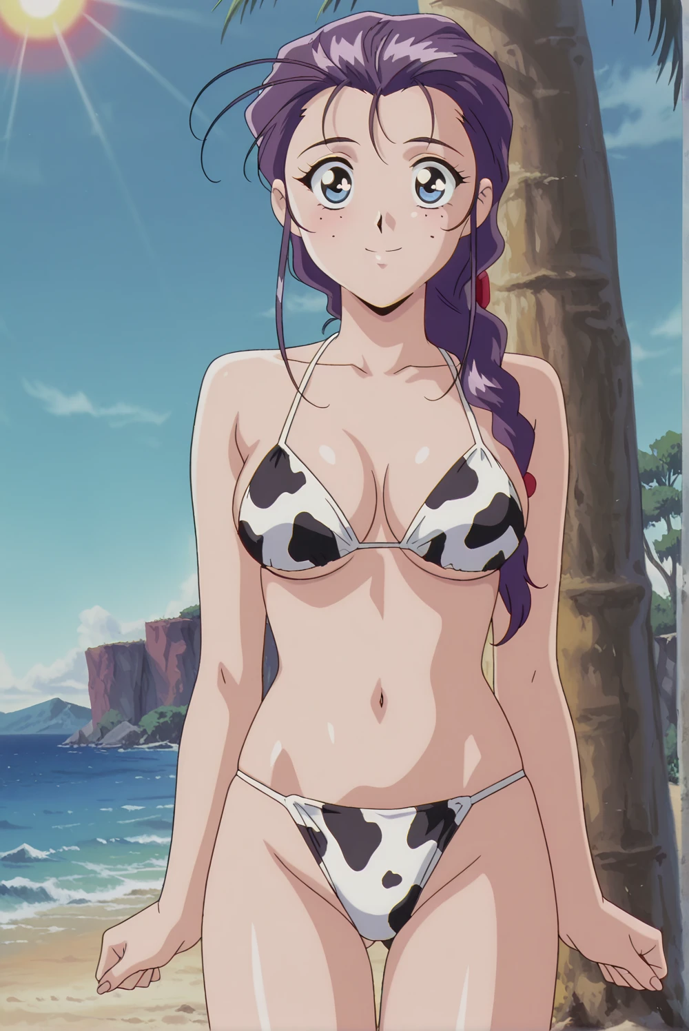 score_10, score_9, score_8_up, score_7_up, BREAK, source_anime, anime screencap, anime coloring, shinobu miyake, bangs, purple hair, green eyes, cow print micro bikini, cow bell, Wetting Self, zettai ryouiki thighhighs, milk stains, Dirty barns, straw, standing, wave both hands, smile, looking at viewer, Dutch angle, sagging huge_breasts, long erect nipples, dirty dark large areola, natural (black) curly armpit hair, Unshaven Pubic Hair, (short stack:0.5)