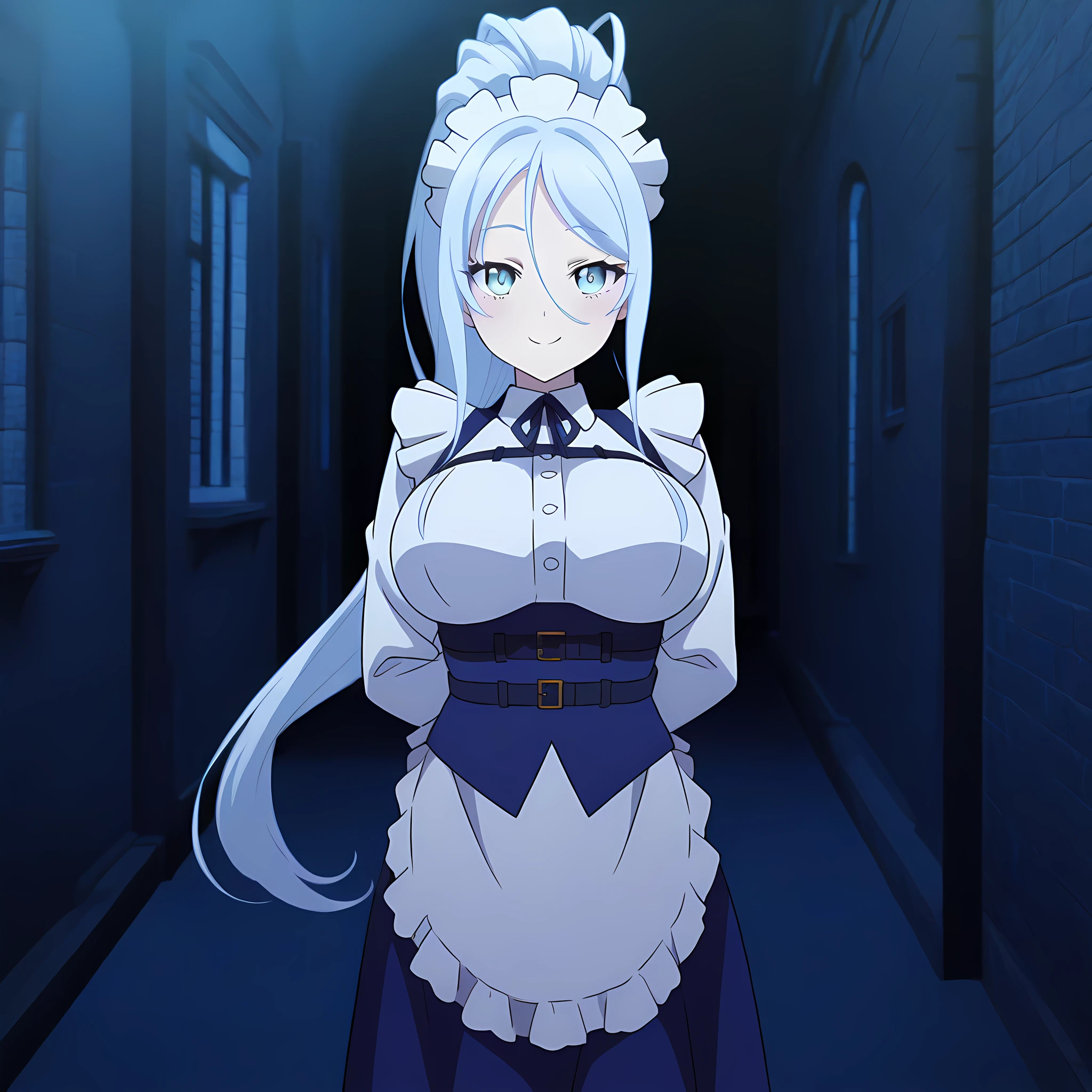 sylpha_langlis, 1girl, solo, maid headdress, long hair, light blue eyes, maid, smile, blue hair, ponytail, apron, long sleeves, light blue hair, large breasts, looking at viewer, cowboy shot, dark alleyway background, night, <lora:SylphaLanglis-IllustXL:1>, (masterpiece),(best quality),(ultra-detailed),(best illustration),(best shadow),(absurdres),(detailed background),(very aesthetic),