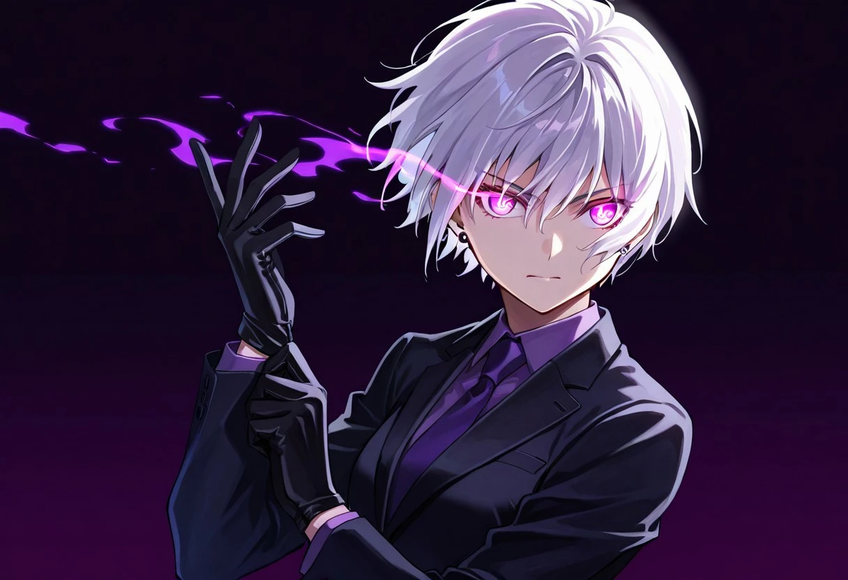 eye trail, flaming eyes, 1girl, simple background, suit, black suit, white hair, gloves, adjusting gloves, short hair, earring, looking to side, purple eyes, glowing eyes, serious expression