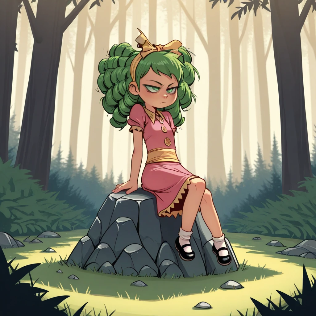 masterpiece, best quality, GERTRUDE, 1girl, solo, green hair, green eyes, hair bow, pink dress, black mary janes, <lora:Gertrude_IHF_illustrious_Leaf1:1>, forest, sitting on rock,