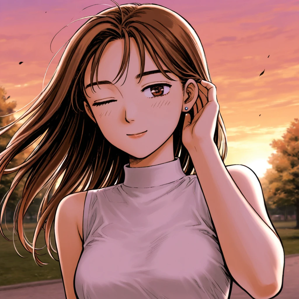 masterpiece, best quality, <lora:Mako_Sayuki:1> mako, long hair, wind, tucking hair, one eye closed, smile, turtleneck, sunset, park,