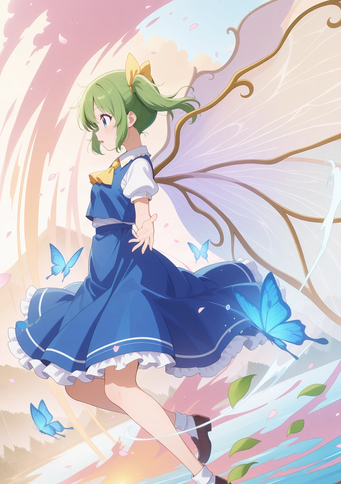 absurdres, highres, masterpiece, best quality, amazing quality, official anime artwork, screencap, anime screencap, outdoors, from the side, open mouth, dynamic pose, misty lake,
<lora:Daiyousei_Illustrious:1> daiyousei, 1girl, solo, green hair, blue eyes, hair bow, side ponytail, fairy wings,, hair ribbon, ascot, skirt, dress, puffy short sleeves, white shirt,
butterfly, wind, petals, water,