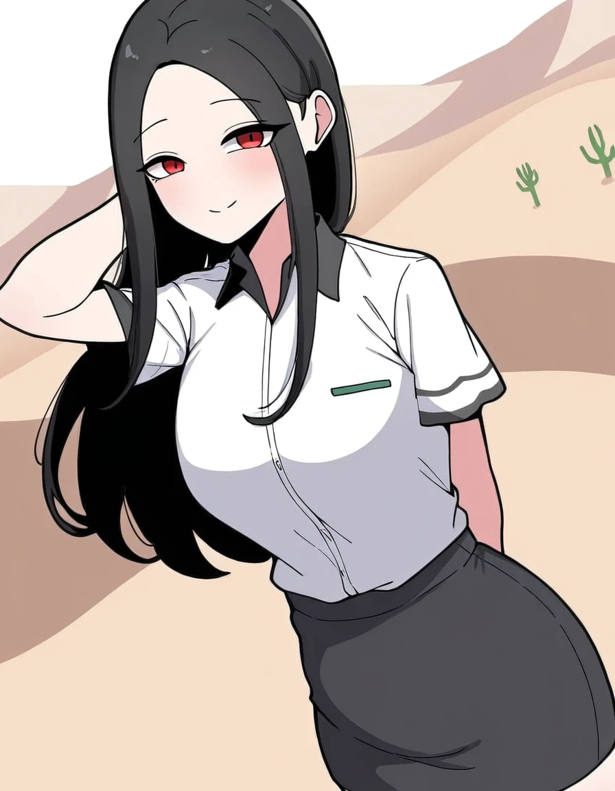 masterpiece, best quality, newest, absurdres, highres, safe,, <lora:yoo-jae-kyung-manhwa-illustriousxl-lora-nochekaiser:1>, yoo jae-kyung, long hair, large breasts, black hair, red eyes, forehead,, skirt, shirt, white shirt, short sleeves, collared shirt, black skirt, pencil skirt, office lady,, desert, sand, dunes, cacti, heat, smile, hands behind head, looking at viewer, solo,, cowboy shot, solo