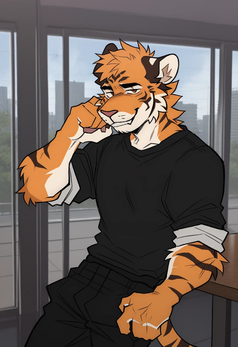 best quality, amazing quality, very aesthetic, absurdres, newest, by maggotnizer, BREAK
furry, 1boy, solo, tiger, bara, shirt, rolled up sleeves, looking at viewer, seductive, smile, <lora:Maggotnizer_style_Illustrious:1>