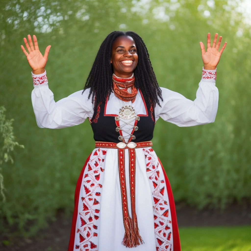 Female character, young woman, long hair, straight hair, black hair, beautiful face, smile, brown eyes, cheering, outdoors, park, garden, lawn, trees, happy, sunny weather, norwegian bunad, norwegian folklore costume, norwegian folklore dress, bunad, brown skin, black skin, afro american female,