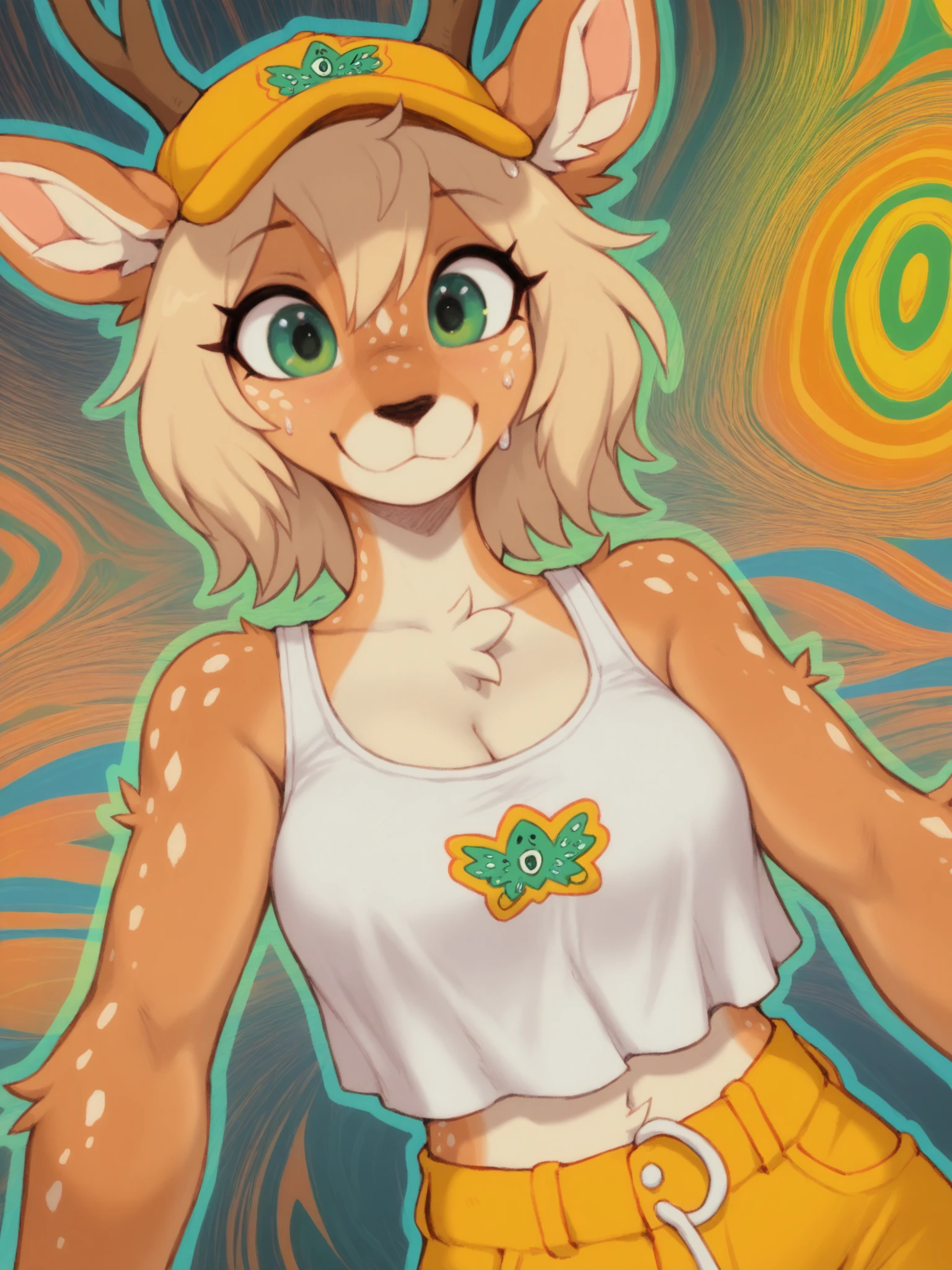 (masterpiece, best quality, very aesthetic, absurdres, psychedelic background, artist:waspsalad,) 1girl, solo, anthro, deer, female, upper body, smile, blonde hair, yellow baseball cap, green eyes, tan fur, spots, tank top, shirt overhang, high waisted bottomwear, shorts, dutch angle, sweatdrop, looking at viewer <lora:Waspsalad Style Ill:1>