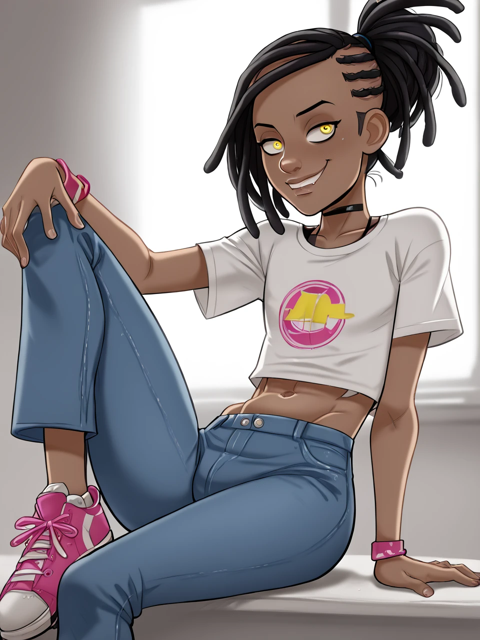 score_9, score_8_up, score_7_up, score_6_up, BREAK, DLT style, LilTaniyah, 1girl, flat chest, black hair, dreadlocks, dark skin, yellow eyes, closed mouth, smile, white shirt, jeans, sneakers <lora:DLToon_style:1> <lora:Taniyah:0.8>