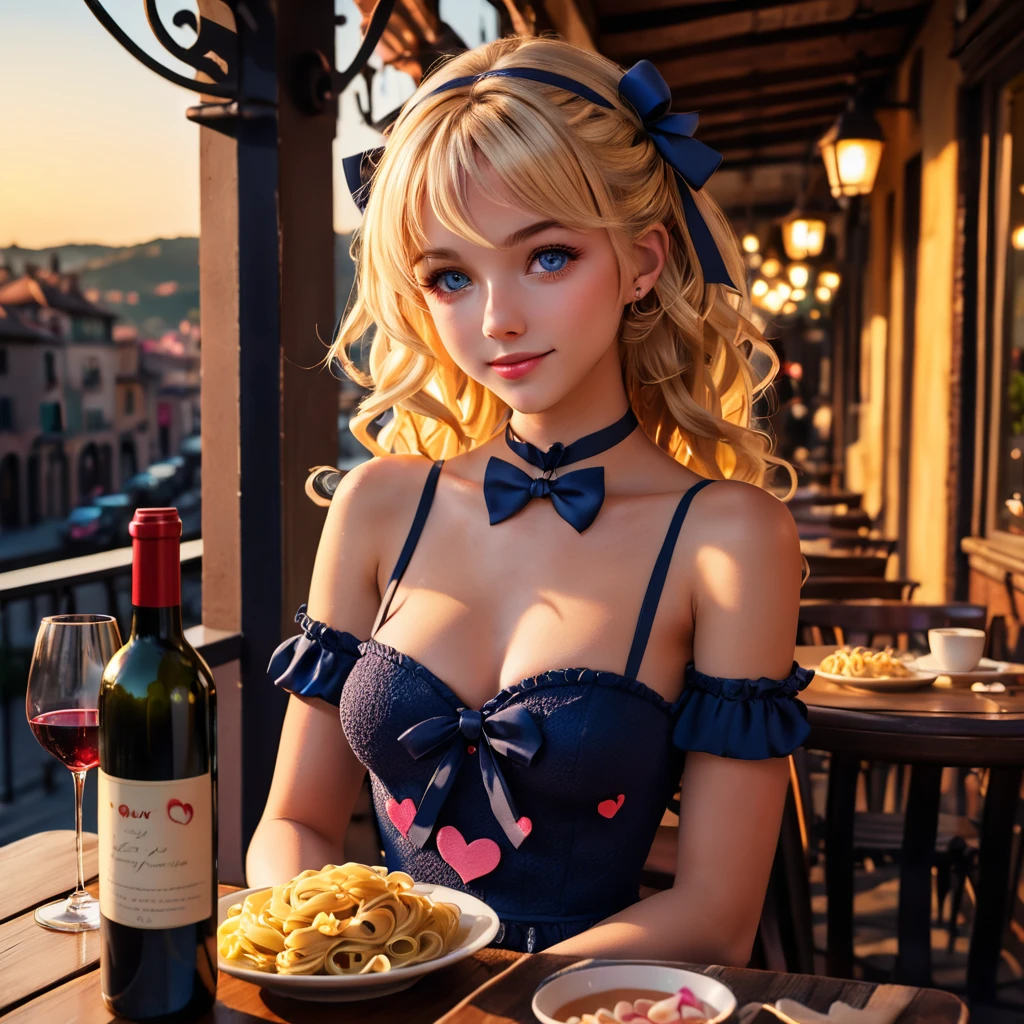 pbest, masterpiece, highly detailed textures, highly detailed fabrics, absurdres, blonde hair, blue eyes, Domi, 1girl,
looking at the viewer, open eyes, happy, romantic, sitting at a cafe at sunset, on a date, cute dress, hair bow, ribbons, anime hearts, candle light, cafe table decorated with candles and wine glasses and a wine bottle and dishes of pasta and a wrapped valentine's day present, cute, sweet