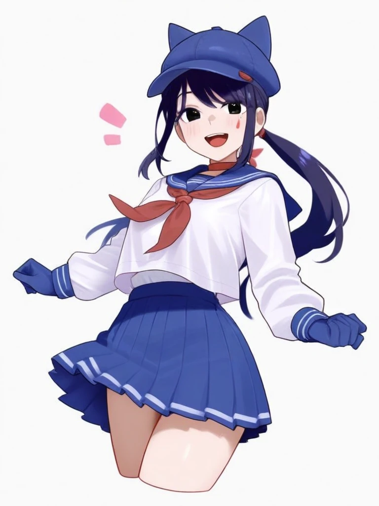 masterpiece,best quality,very aesthetic,highres,<lora:hatmita_ill:1>,hatmita, 1girl, solo, white background, simple background, looking at viewer, smile, open mouth, cropped legs, teardrop tattoo, blue gloves, white shirt, blue skirt, serafuku, baseball cap, long sleeves, blue sailor collar, red neckerchief, miniskirt, blue hat