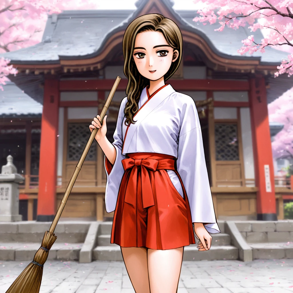 masterpiece, best quality,  <lora:Mako_Sayuki:1>  sayuki,  hair over shoulder, shrine maiden,  miniskirt, shrine, holding broom, cowboy shot, cherry blossoms, smile,