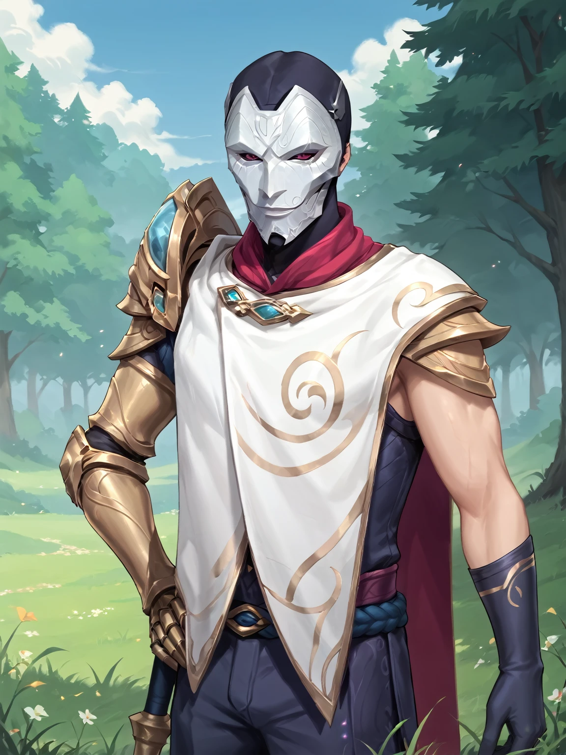 score_9, score_8_up, score_7_up, score_6_up, source_anime, anime screencap, upper body, Jhinlol, 1boy, solo, mask, hood, red scarf, cape, shoulder armor, armor, gauntlets, gloves, black gloves, pants, forest, tall grass, grass, outdoors, (Portrait), Detailed Background, Hyperdetailed, Extreme Detail, 4K Resolution, Masterpiece, Best Quality <lora:Jhin_From_League_of_Legends:0.7>