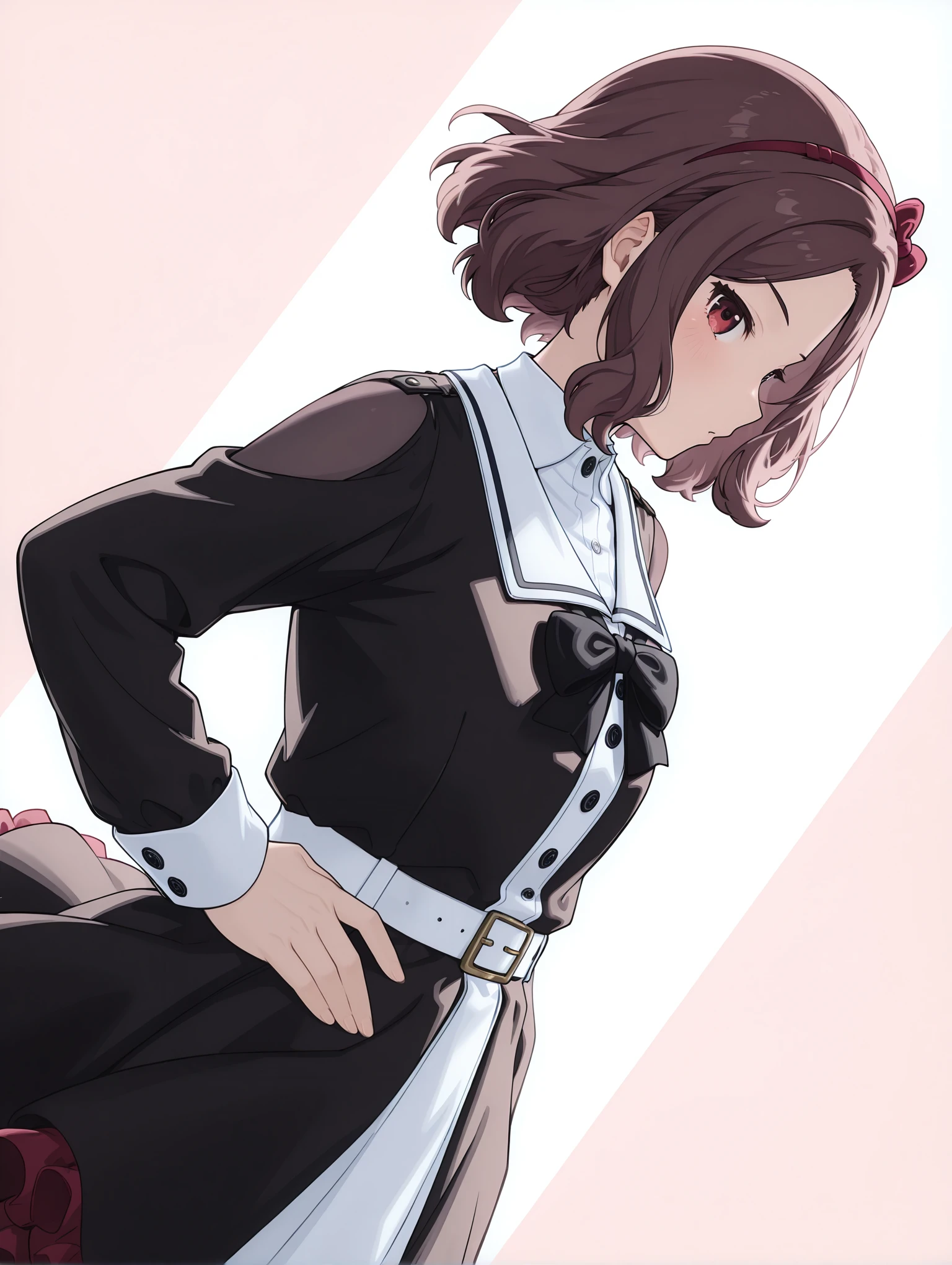 masterpiece,best quality,newest,1girl,solo,
<lora:TOMO_EBIZUKA_ilxl_v1.2:1>,tomo_ebizuka,brown hair,hairband,red hair bow,
black dress,black bowtie,long sleeves,skirt,frilled dress,collared shirt,two-tone dress,
<lora:Fixhands_anime_bdsqlsz_V1:1>,cinematic_angle,dynamic_angle,white_background,simple_background,face_focus,looking_at_viewer,light_blush,profile,