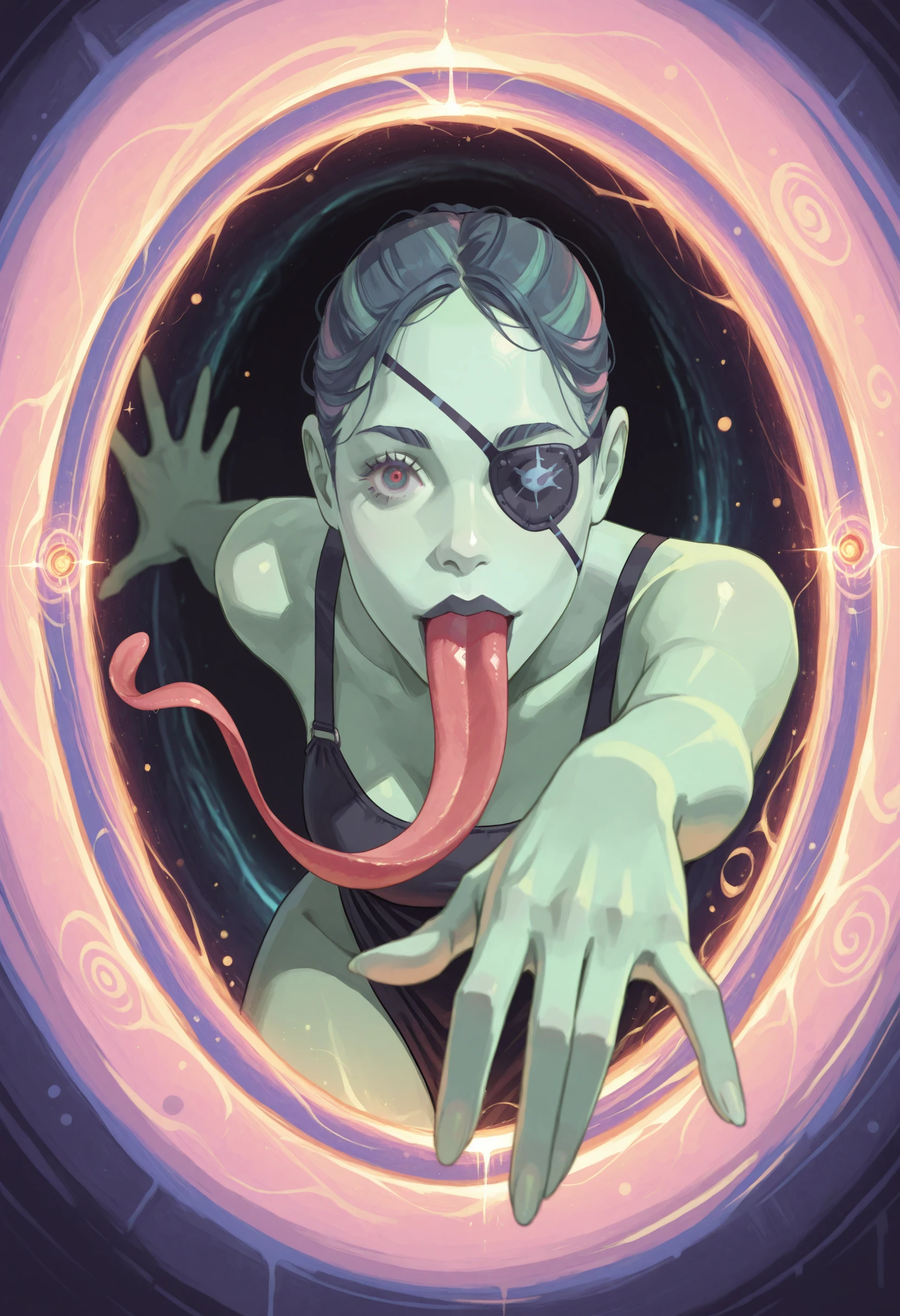 p0rtalreach, portal, arm reaching through portal, looking at viewer, pastel colors, surreal, 1girl, solo, eyepatch, green skin, long tongue, best quality, masterpiece, <lora:PortalReachIllustrious:0.8>, <lora:Pastelcasso:0.8>