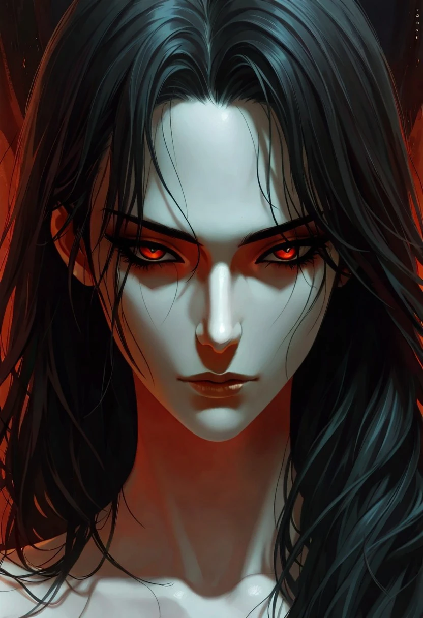 masterpiece,best quality,ultra-detailed,2girl,solo,crow,upper body,dark style,black hair,black clothes,standing,horror theme, nude, sitting