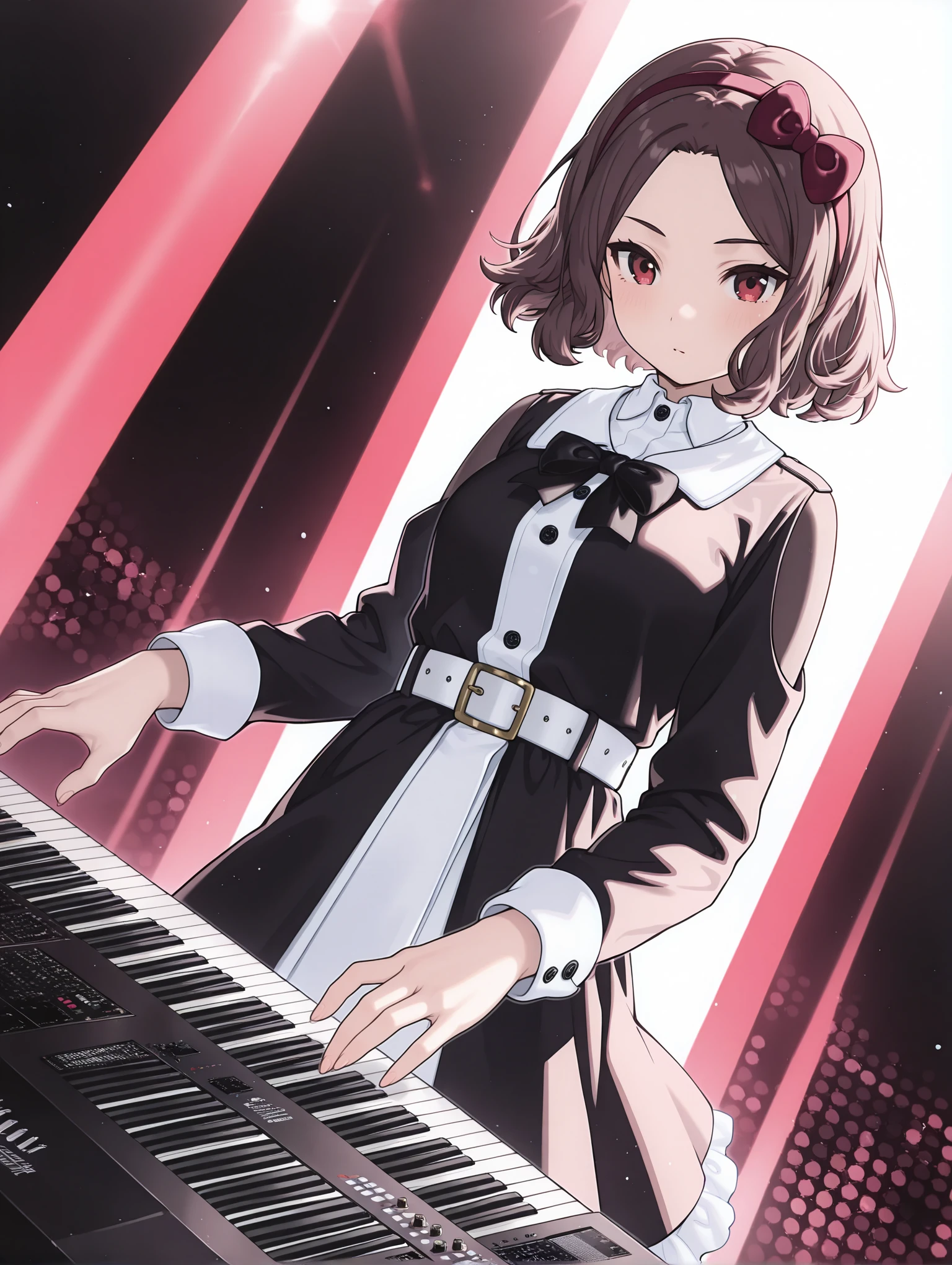 masterpiece,best quality,newest,1girl,solo,
<lora:TOMO_EBIZUKA_ilxl_v1.2:1>,tomo_ebizuka,brown hair,hairband,red hair bow,
black dress,black bowtie,long sleeves,skirt,frilled dress,collared shirt,two-tone dress,belt,
<lora:Fixhands_anime_bdsqlsz_V1:1>,dynamic_angle,cinematic_angle,cowboy_shot,face_focus,instrument,Synthesizer,white_background,simple_background,front view,