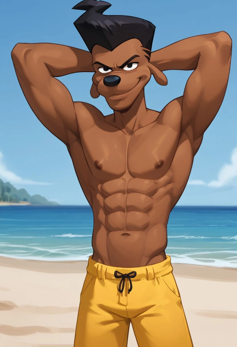 Cartoony, brown dog, male, dog, black hair, toned abs, animated, black iris, Yellow Jumpsuit, shirtless, hands behind head, smug smirk, beach