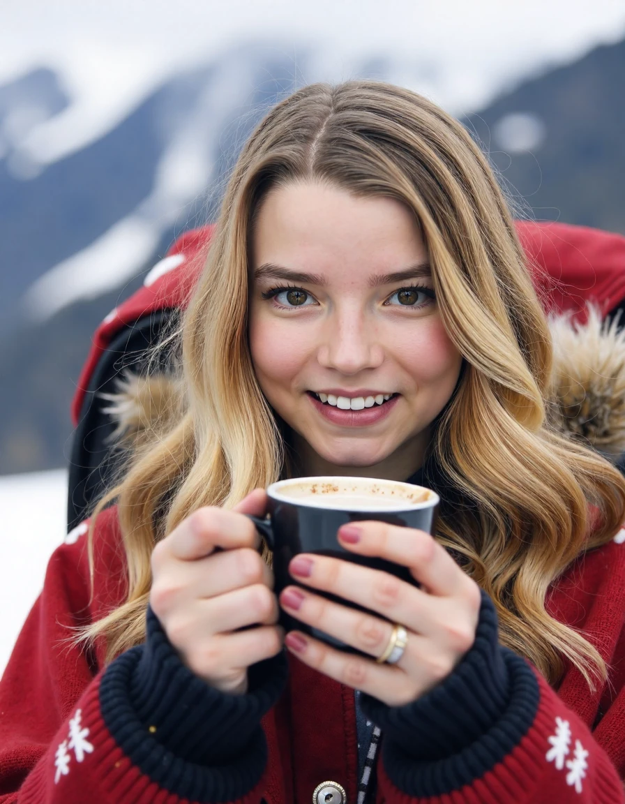<lora:Anya_Taylor_Joy_Ca2015:1> woman Reclining, Holding A Cup Of Hot Cocoa With Both Hands, The Subject Is Savoring The Aroma, Smiling, Adorned In A Christmas Sweater And Winter Attire, Snowflakes Glisten As They Fall, Seated In A Recliner At The Base Of A Mountain, Ski Slopes In The Background, Bokeh., Extreme Close-Up, Zoomed, Focus On Face, Centered, Macro Shot, Face Centered, Focus On Eyes, Looking Directly At The Viewer, Looking Directly At The Camera, Making Eye Contact, Looking Straight Ahead, <lora:zz_s_Chest_Size_Slider:-2>, Glow Effects, God Rays, Smoke Effects, Hand Drawn, 3d Octane Render, Cinema 4d, Blender, Dark, Atmospheric, Ultra Detailed, Sharp Focus, Big Depth Of Field, Masterpiece, Concept Art, Trending On Artstation, Cg Unity, Trending On Cgsociety, Dramatic, Professional Photo, 4k Wallpaper, Hyper Realistic, Vivid Colors, Extremely Detailed, 8k Wallpaper, Intricate, High Detail, Dramatic Lighting, High Contrast, Shadows, Highlights <Lora:Zz_S_Fluxartis:0.5> A Highly Detailed Cinematic Photography <Lora:Zz_S_Stylish_Lighting:0.5>