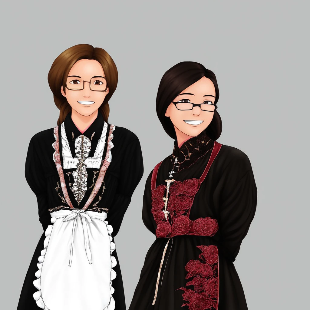 rose, brown hair, black hair, norwegian, black dress, grin, apron, smile, grey background, blurry, own hands together, norwegian bunad, jewelry, arms behind back, brown eyes, outdoors, glasses, sky, simple background, shirt, day, floral print