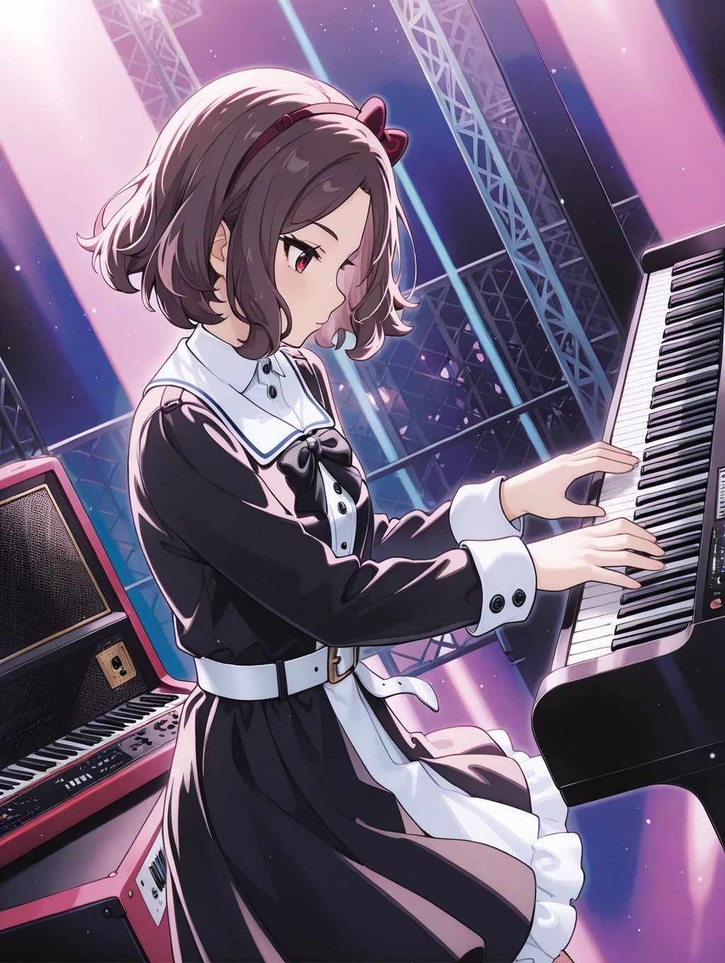 masterpiece,best quality,newest,1girl,solo,
<lora:TOMO_EBIZUKA_ilxl_v1.2:1>,tomo_ebizuka,brown hair,hairband,red hair bow,
black dress,black bowtie,long sleeves,skirt,frilled dress,collared shirt,two-tone dress,belt,
<lora:Fixhands_anime_bdsqlsz_V1:1>,dynamic_angle,cinematic_angle,cowboy_shot,face_focus,wide_shot,instrument,Synthesizer,white_background,simple_background,profile,