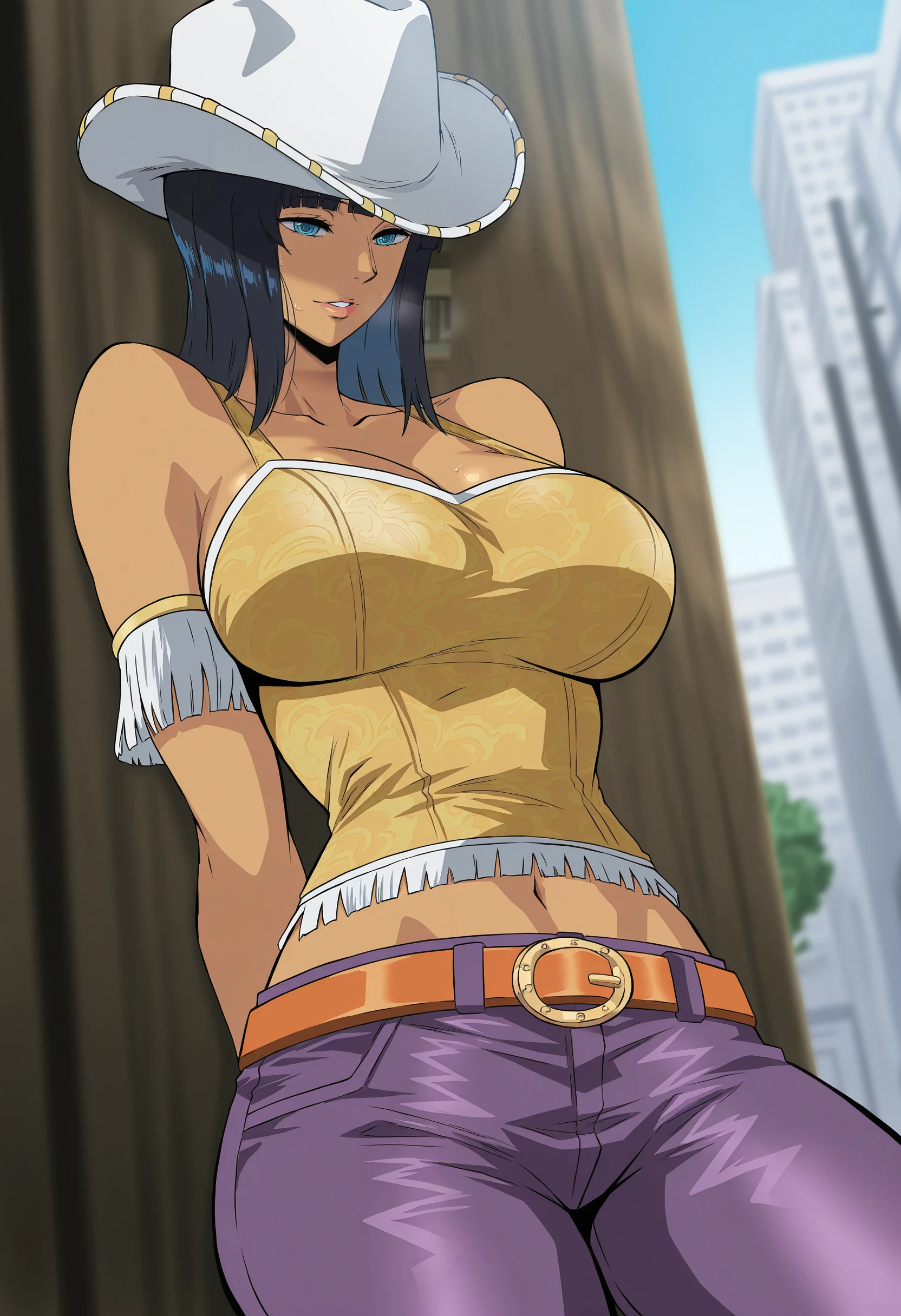 masterpiece, best quality, amazing quality, very aesthetic, absurdres, newest, scenery, best quality, 1girl, solo, mature female, anime coloring, arms behind her back,in a sprawling city,
<lora:NicoRobinPreTimeskipPart1_Illu_Dwnsty:1>, skypieanr, blue eyes, black, hair, medium hair, blunt bangs, dark-skinned female, yellow shirt, camisole, stripe print, white trim, purple pants, orange belt, cowboy hat, white headwear, armband,
breasts, detailed eyes, detailed body, detailed lips,
artist:hara (harayutaka):0.08, artist:donburi(donburikazoku)0.34, artist:hews:0.4, artist:fei(maidoll):0.18,
