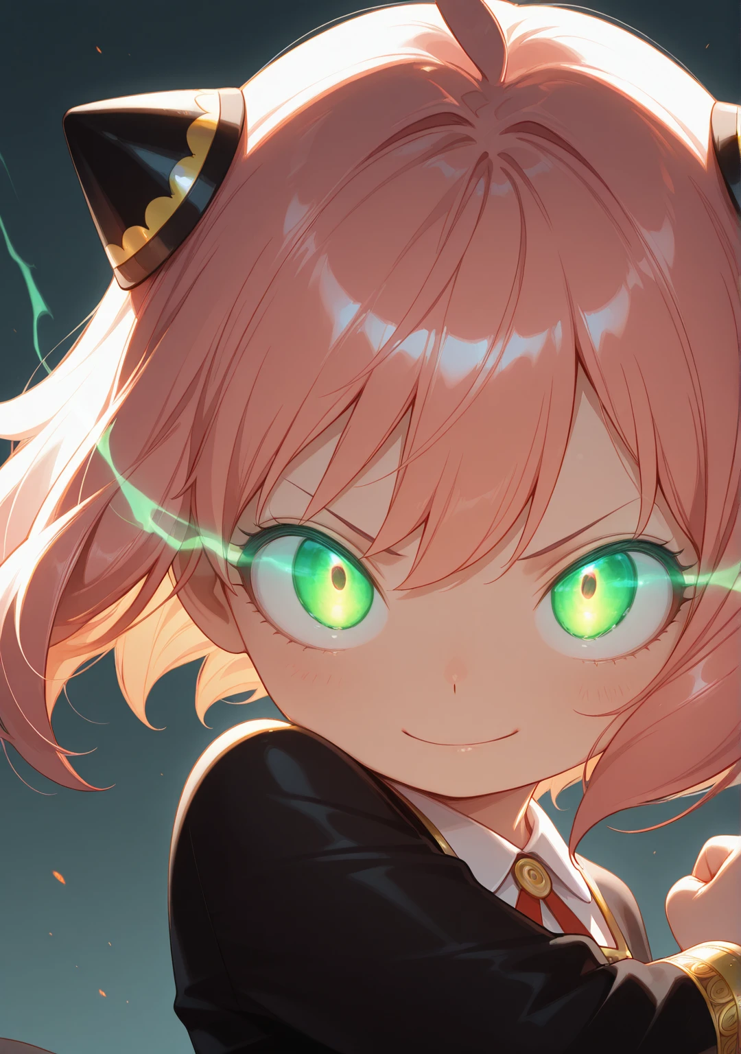 masterpiece,best quality,amazing quality,
1girl,looking at viewer,upper body,<lora:GlowingEyeWave:1>,gew,glowing eyes,eye trail,green eyes,
anya \(spy x family\),fighting stance,smirk,