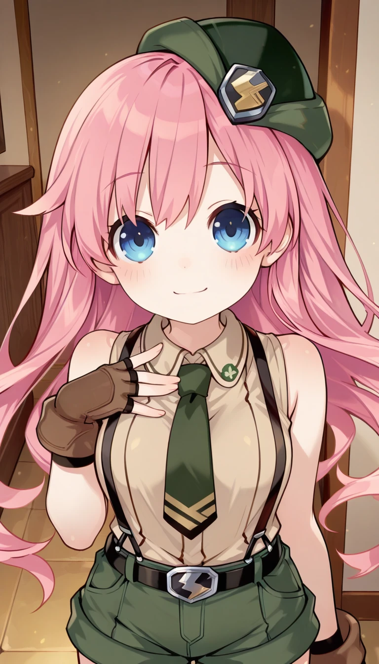 (masterpiece),best quality,amazing quality,very aesthetic,absurdres,newest,perfect body,shiny skin,perfect eyes,detail1eye,well-defined fingers,well-defined fingernails,anime style,indoors,1girl,solo,upper body,(portrait:1.5),looking at viewer,facing viewer,smile,blush,Tsunako style,aged down,Novice female,Novice female uniform,beret,very long hair,pink hair,floating hair,bangs,blue eyes,collared shirt,sleeveless shirt,beige shirt,large breasts,dark green necktie,bare arms,fingerless gloves,black belt,suspender shorts,green shorts,short shorts,shorts rolled up,zettai ryouiki,black thighhighs,boots,<lora:Tsunako[style]-Illus:1.4>,<lora:TNT-Novice female(tnt)-Illus:1.5>,