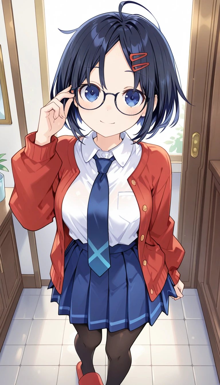 (masterpiece),best quality,amazing quality,very aesthetic,absurdres,newest,perfect body,shiny skin,perfect eyes,detail1eye,well-defined fingers,well-defined fingernails,anime style,indoors,1girl,solo,upper body,(portrait:1.5),looking at viewer,facing viewer,smile,blush,Tsunako style,Mila,ahoge,short hair,black hair,messy hair,bob cut,hair ornament,hairclip,parted bangs,blue eyes,black-framed eyewear,red cardigan,open cardigan,white shirt,collared shirt,blue necktie,long sleeves,medium breasts,skindentation,shirt tucked in,high-waist skirt,blue skirt,pleated skirt,pigeon-toed,black pantyhose,slippers,red footwear,<lora:Tsunako[style]-Illus:1.4>,<lora:Mita(miside)-Illus-Remake:1.4>,