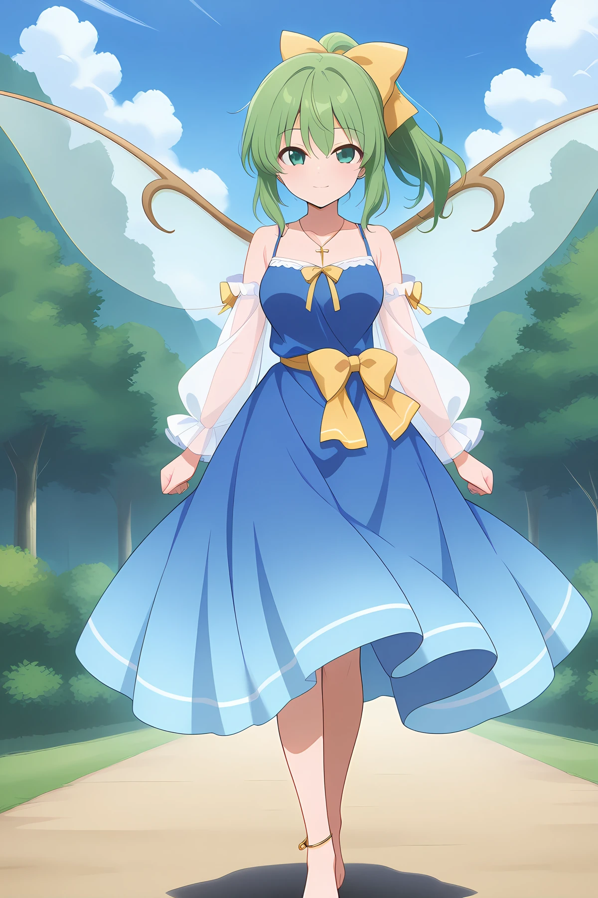 absurdres, highres, masterpiece, best quality, amazing quality, official anime artwork, screencap, anime screencap, outdoors, looking at viewer, light smile, dynamic pose,
<lora:Daiyousei_Illustrious:1> daiyousei, 1girl, solo, green hair, green eyes, hair bow, ponytail, fairy wings,, aged up, anklet, bare shoulders, barefoot, light blue dress, bow, breasts, chest bow, cross necklace, dress, frilled sleeves, frills, gradient clothes, gradient dress, hair bow, jewelry, lace trim, long dress, long hair, medium breasts, necklace, ponytail, see-through sleeves, waist bow, yellow bow,