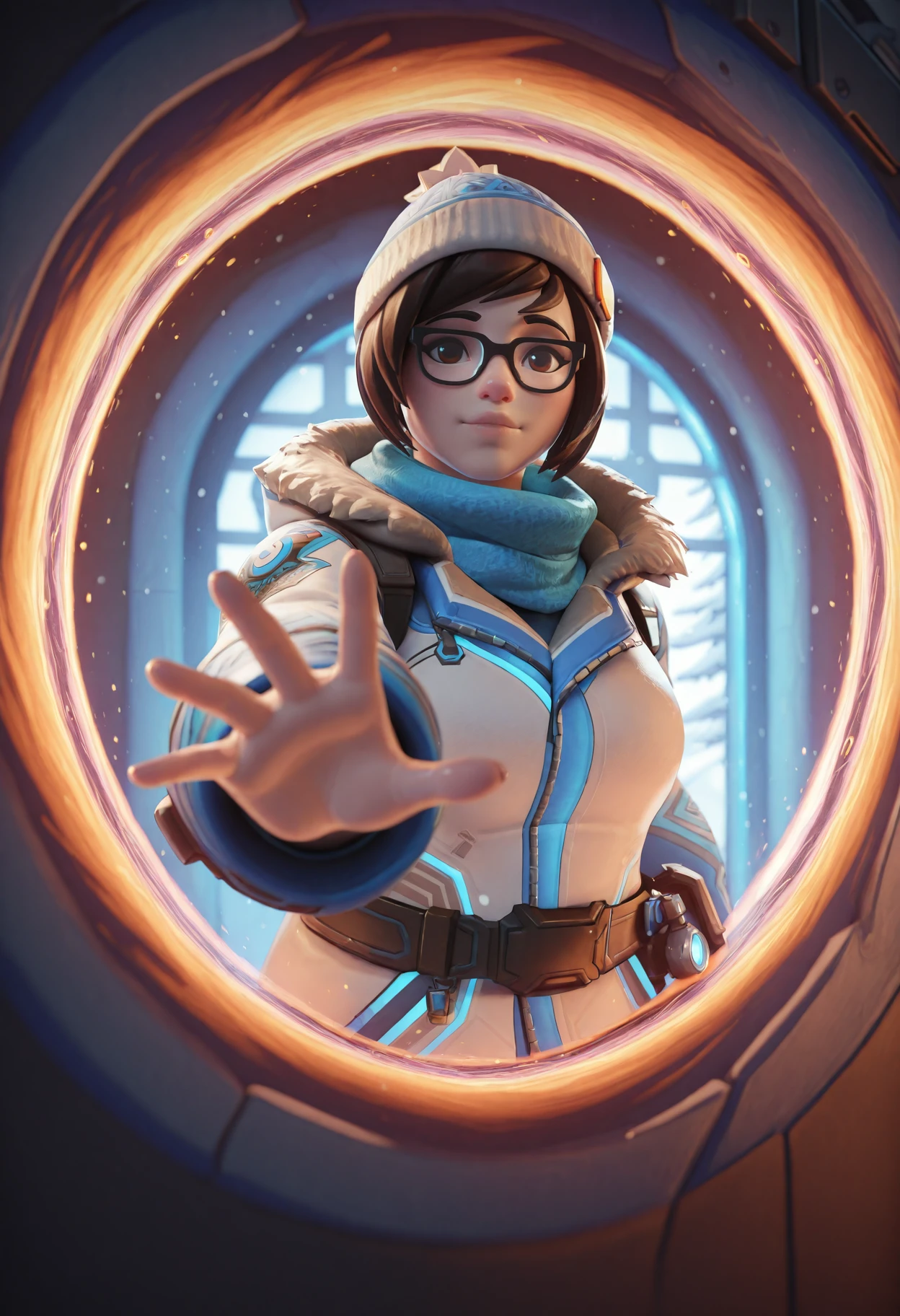 p0rtalreach, fugm3i, mei_overwatch, mei, overwatch, portal, arm reaching through portal, 1girl, solo, brown hair, glasses, winter hat, scarf, winter jacket, 3d, best quality, masterpiece, <lora:FugtrupMei:0.8>, <lora:PortalReachIllustrious:0.8>