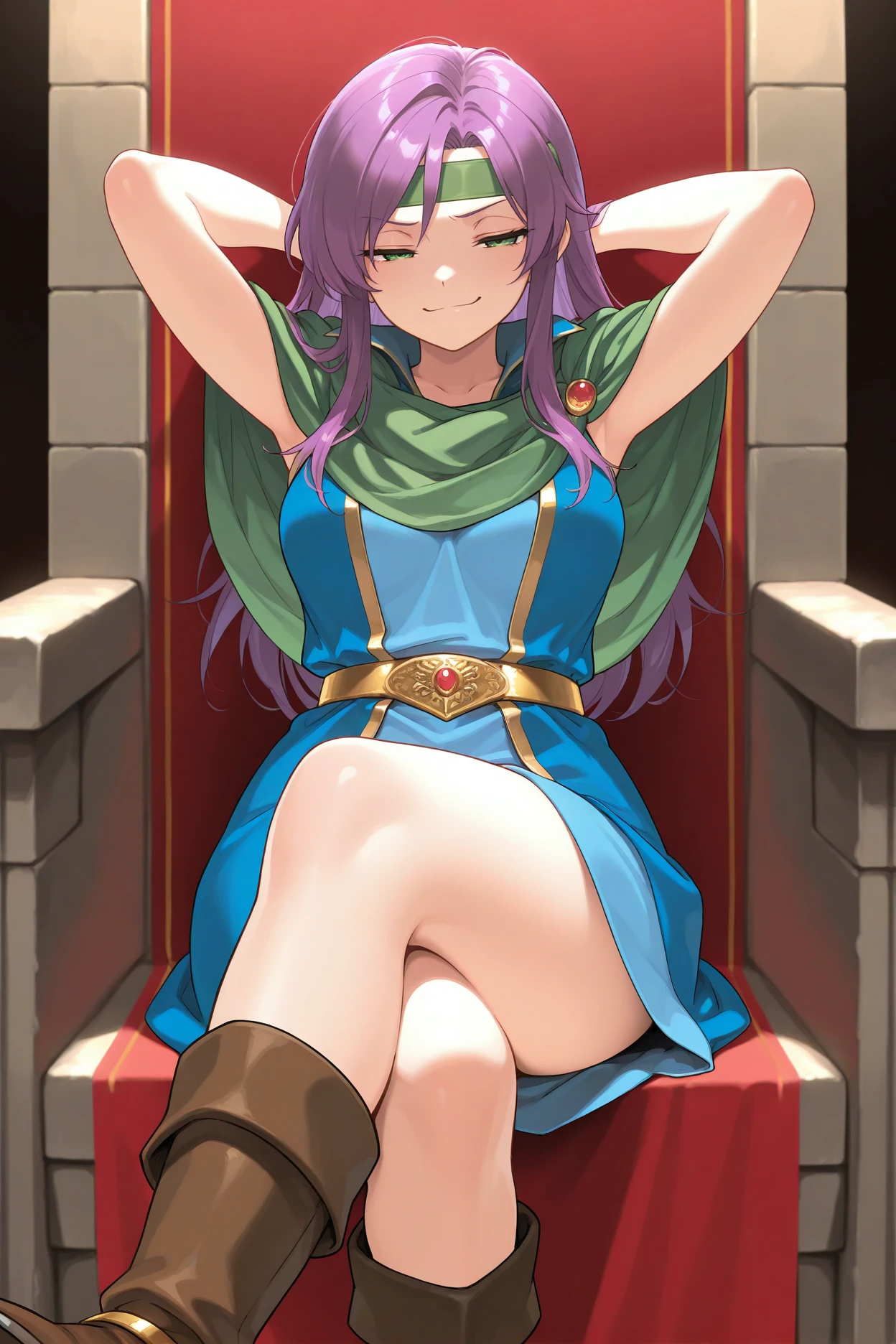 masterpiece, best quality, 1girl, solo <lora:fffaris-illu-nvwls-v1-000006:1> frssch, purple hair, long hair, green eyes, green headband, green shawl, green scarf, blue tunic, sleeveless, gold belt, brown boots, sitting, throne, crossed legs, smug, half-closed eyes, smile, arms behind head, medieval, breasts, red carpet