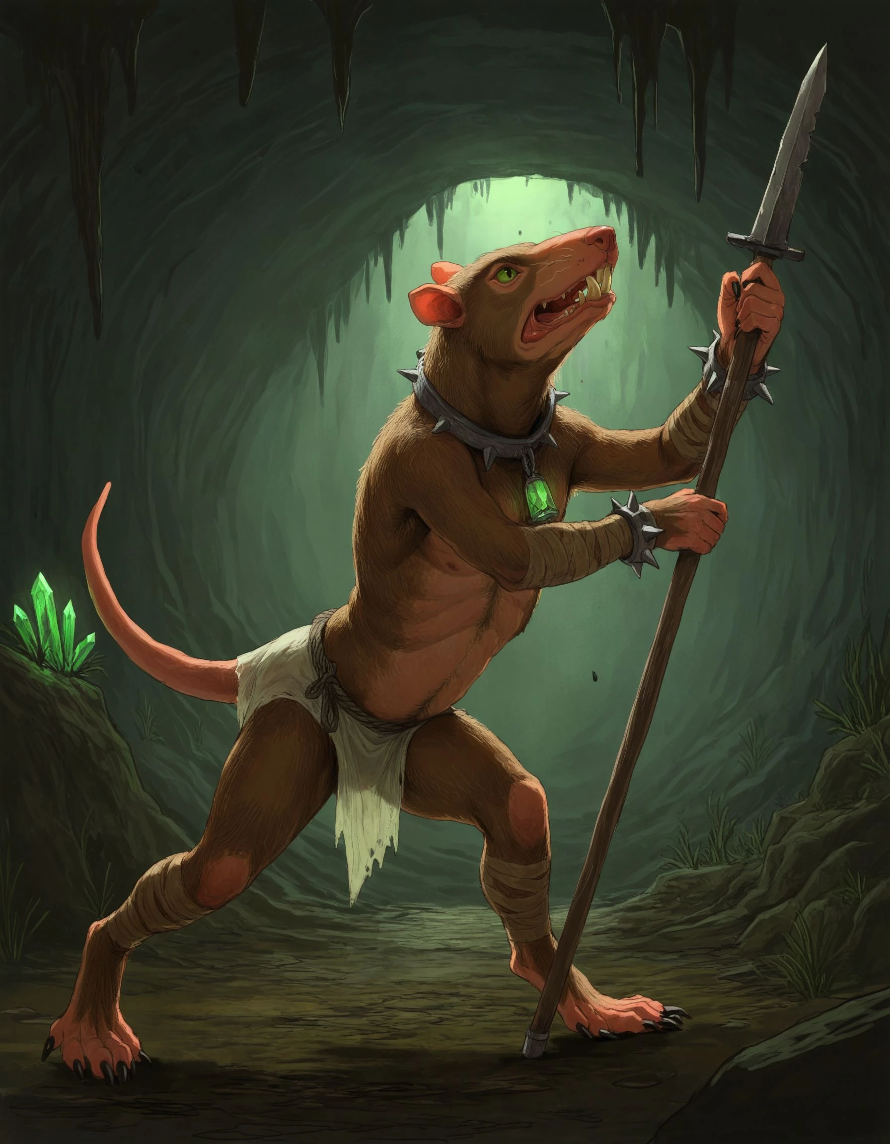 masterpiece, good quality, best quality, 2d, (mossacannibalis), faux traditional media,
underground, green crystals, glowing crystal,
Skavenslave, solo, monster, tail, brown fur, digitigrade, holding polearm, dynamic pose,
<lora:Skavenslave_Vpred:0.7>