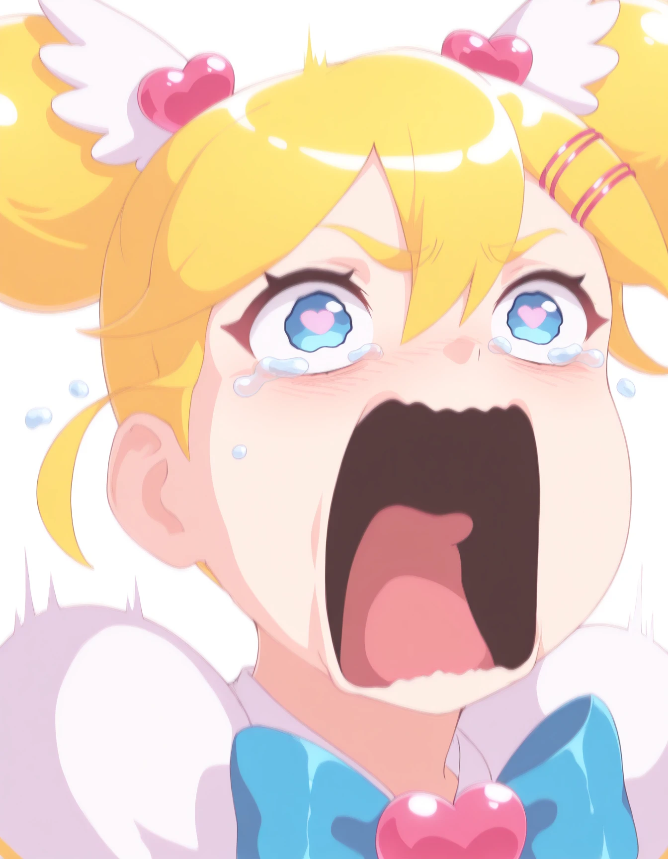 masterpiece, best quality, amazing quality, very aesthetic, high resolution, solo
Mimiko-chan-vkstickrs, golden twin buns, pink heart-shaped decorations, blue eyes, blue ribbon and a heart-shaped gem at the center, aquascreaming, screaming, open mouth, crying with eye open<lora:meme_aquascreaming_illustriousXL:1>
<lora:Mimiko-chan-vkstickrs_il:0.9>